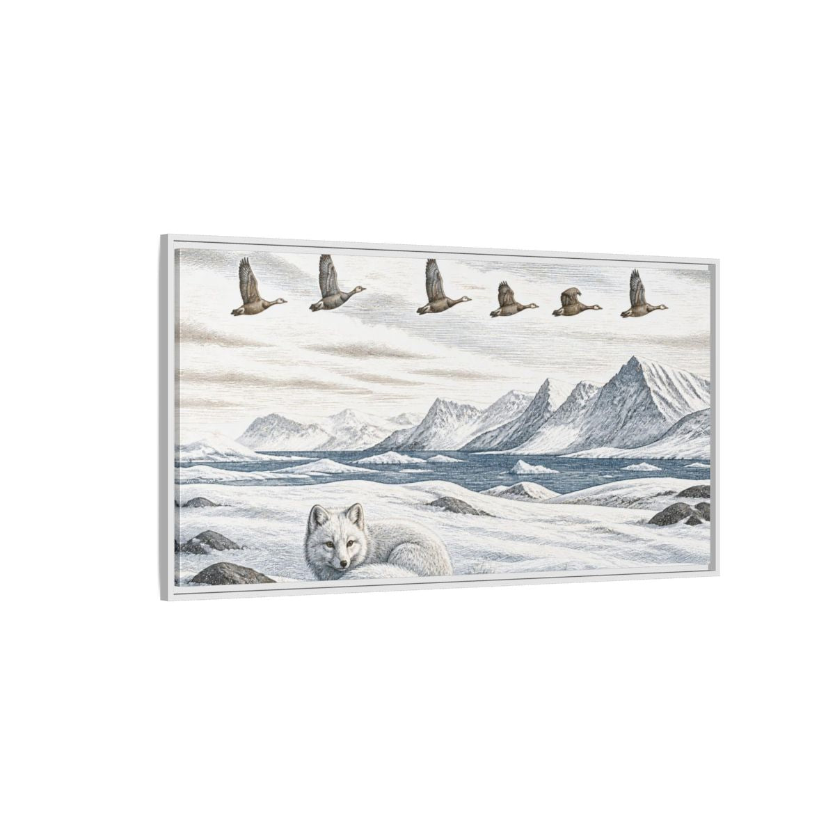 Side Mockup 3. Nordic Arctic Fox shown as framed canvas print