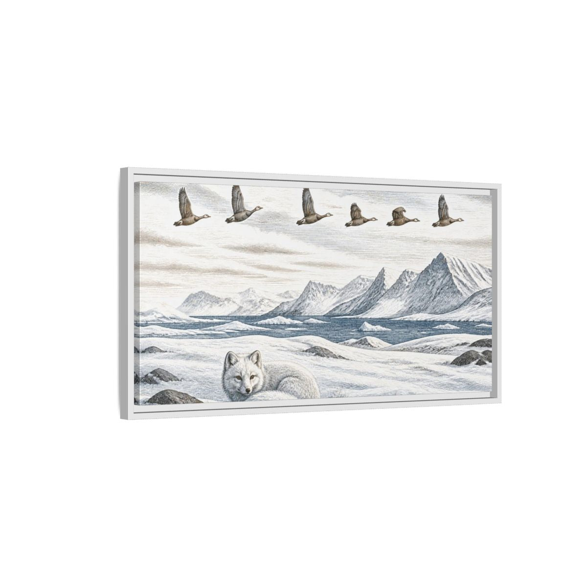 Side Mockup 1. Nordic Arctic Fox shown as framed canvas print