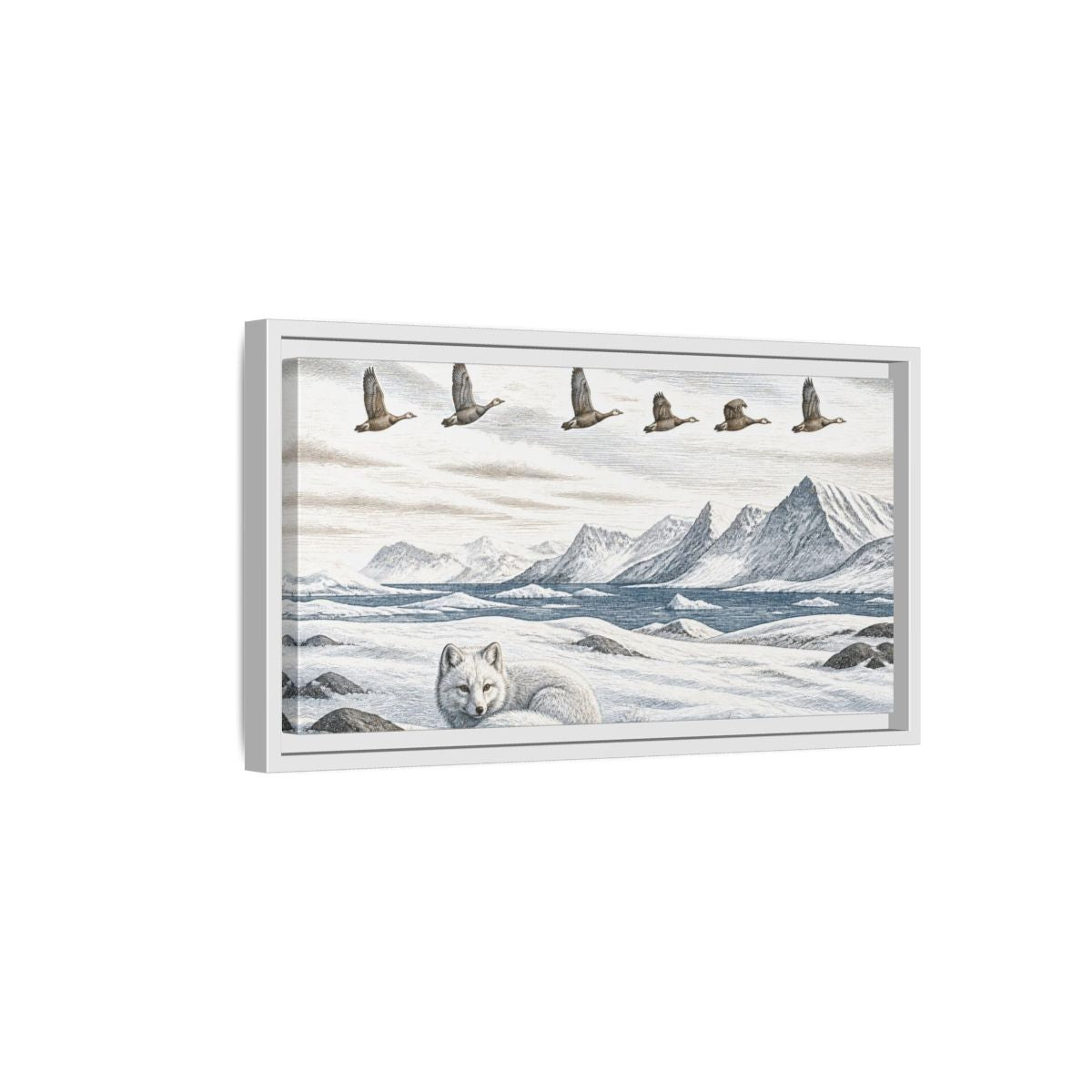 Side Mockup 6. Nordic Arctic Fox shown as framed canvas print