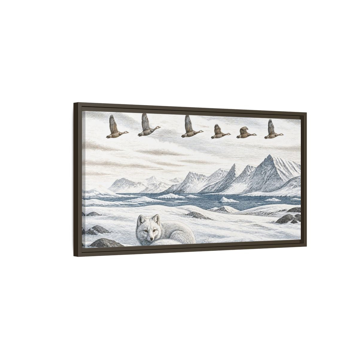 Main Mockup. Nordic Arctic Fox shown as framed canvas print