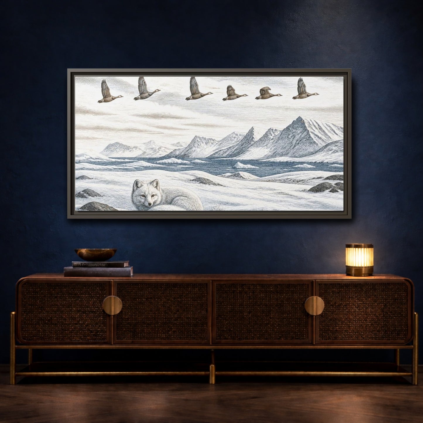 Mockup 4. Nordic Arctic Fox shown as framed canvas print
