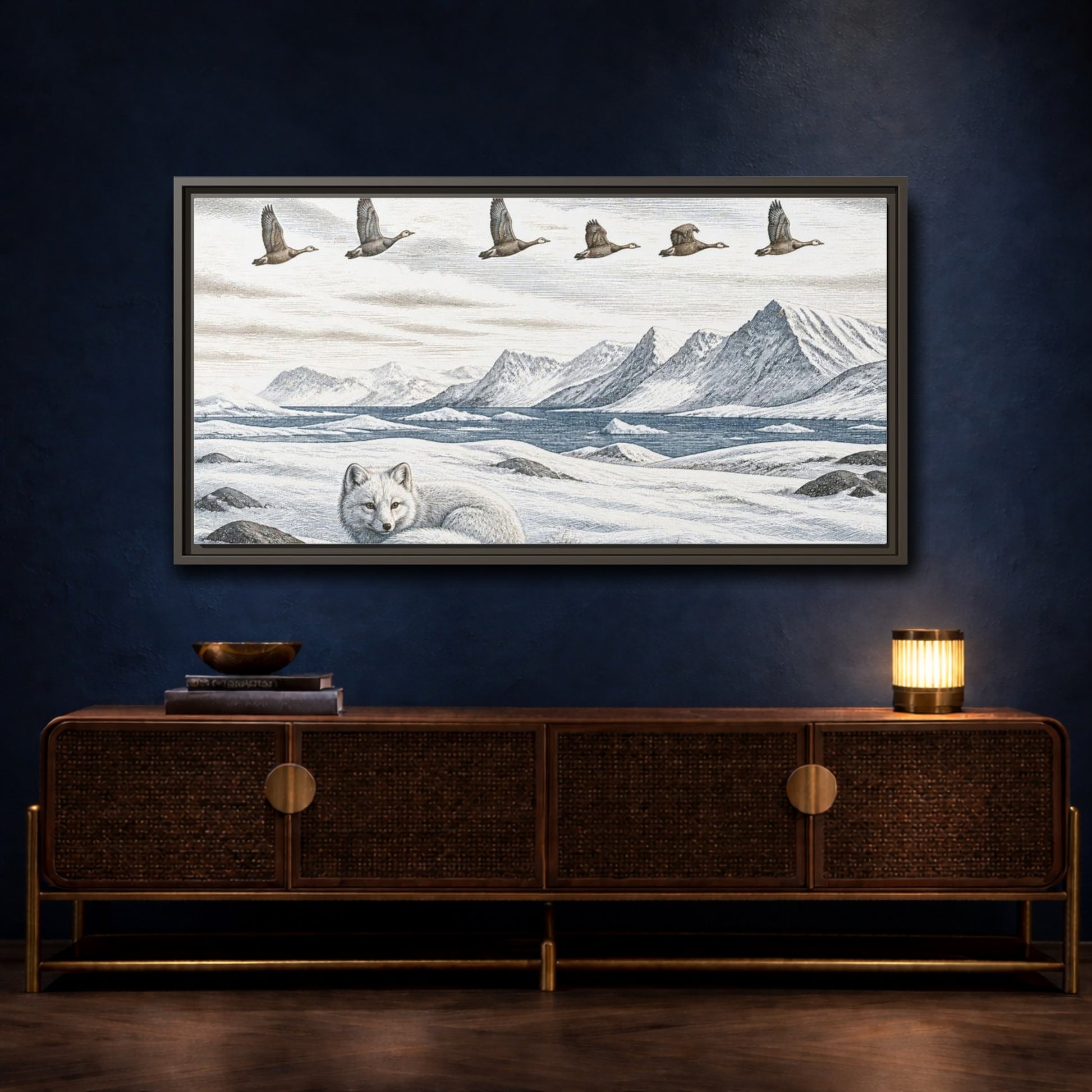 Mockup 4. Nordic Arctic Fox shown as framed canvas print