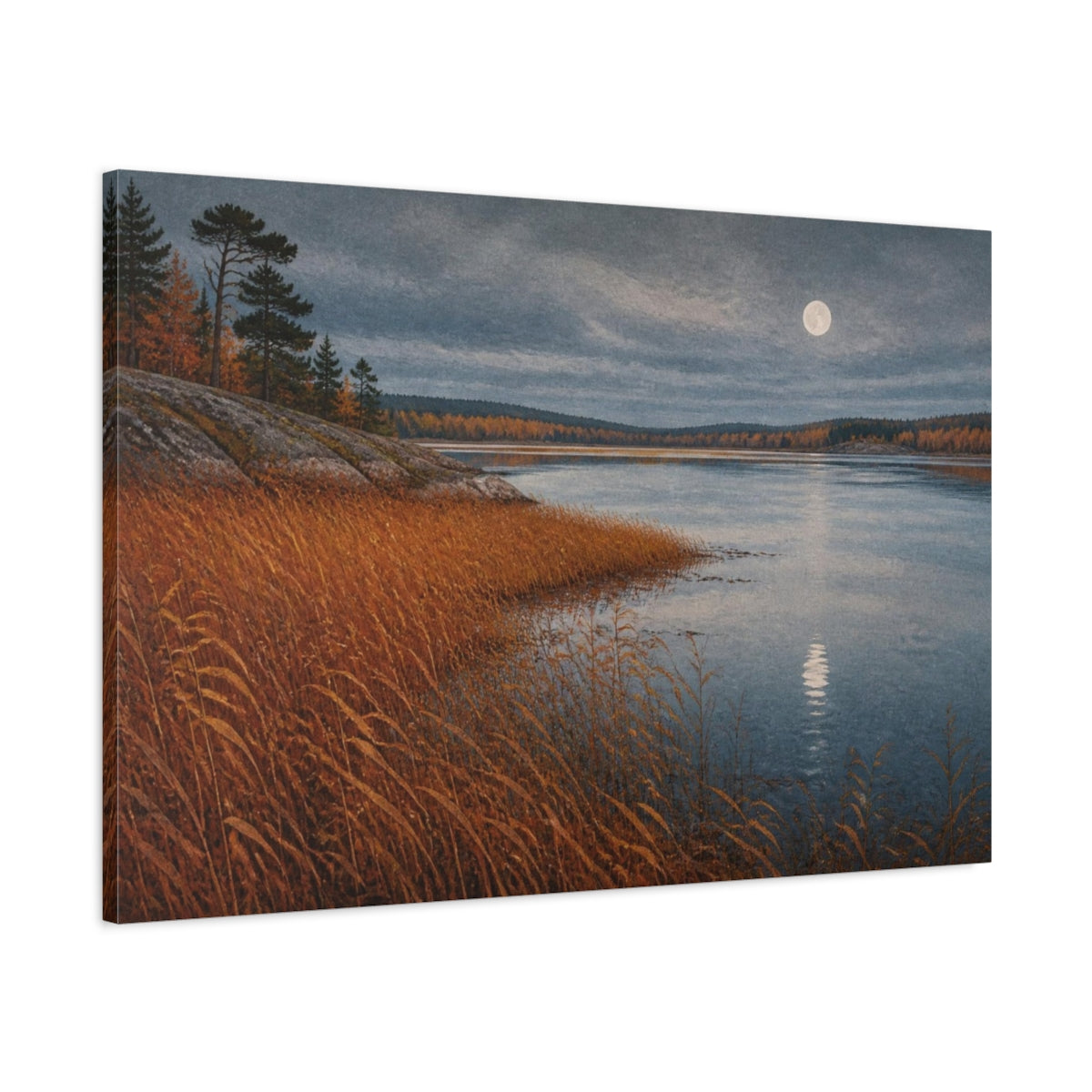 Main Mockup. Nordic Autumn Lake shown as canvas print