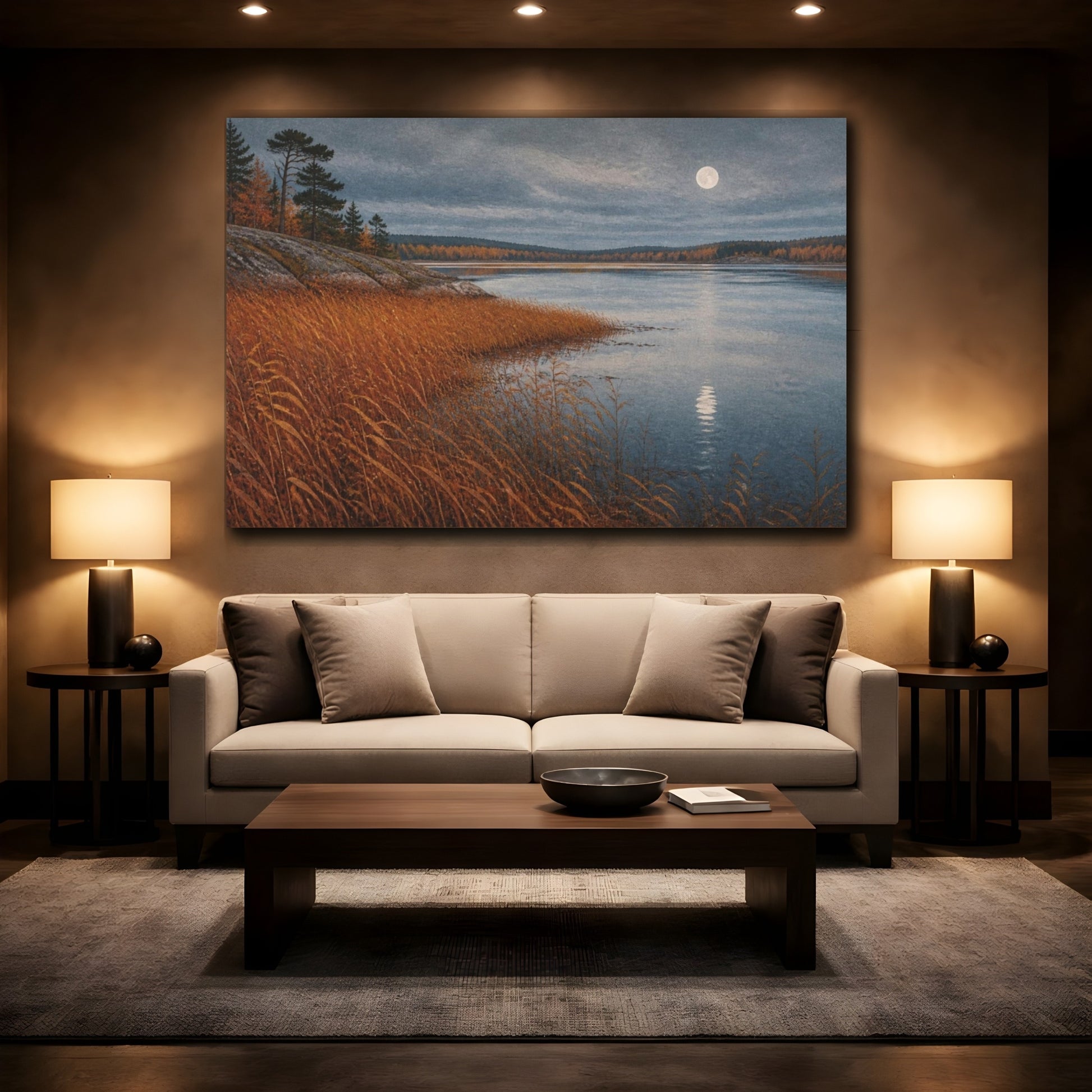Mockup 2. Nordic Autumn Lake shown as canvas print