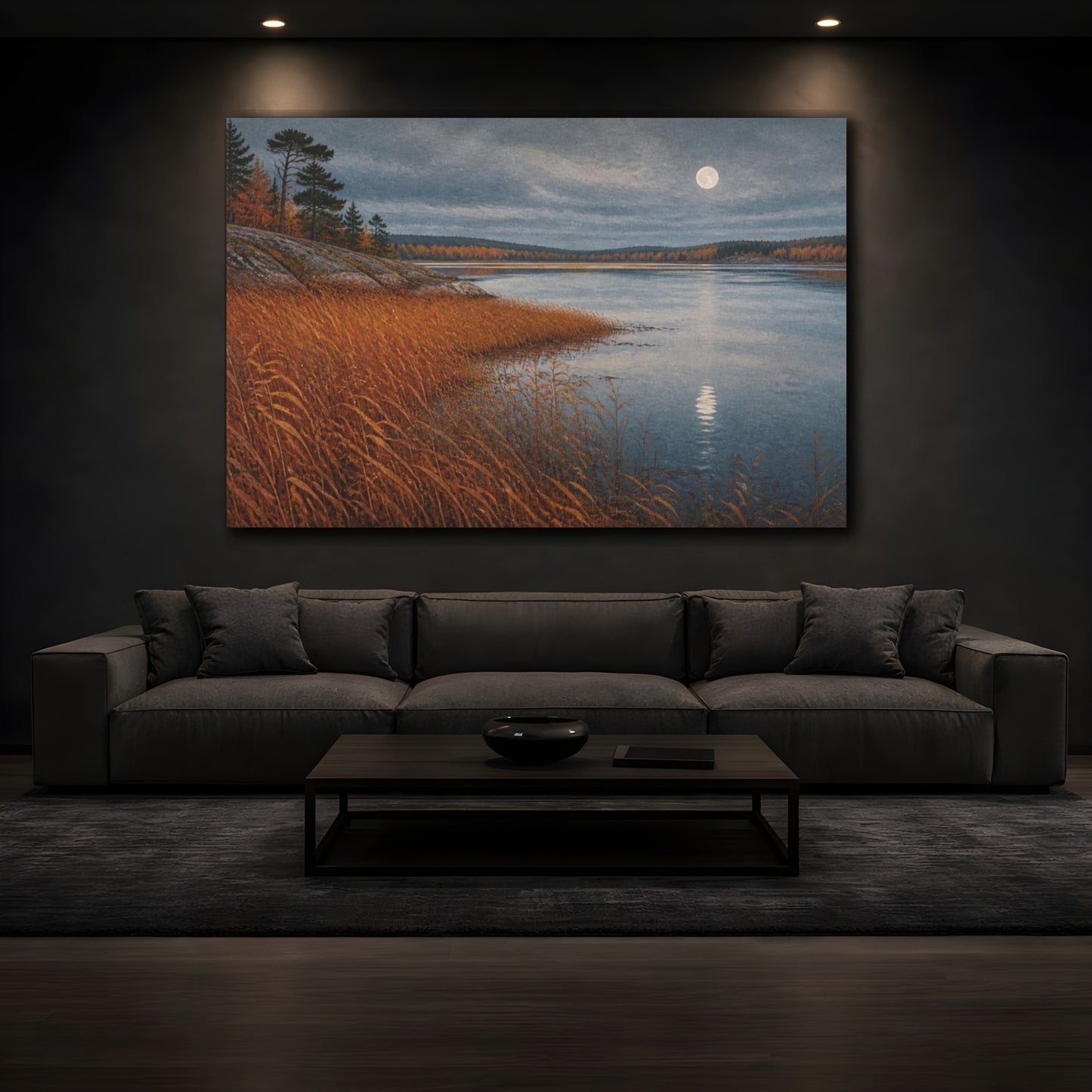 Mockup 3. Nordic Autumn Lake shown as canvas print