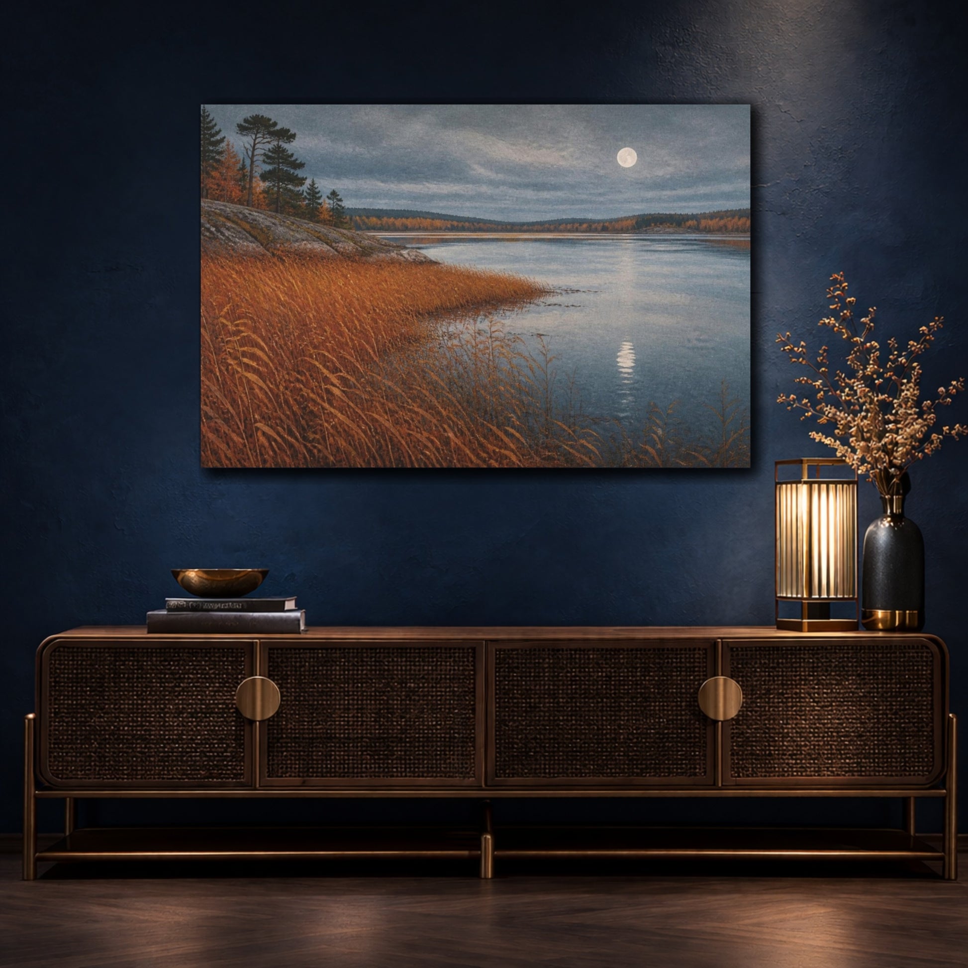 Mockup 4. Nordic Autumn Lake shown as canvas print