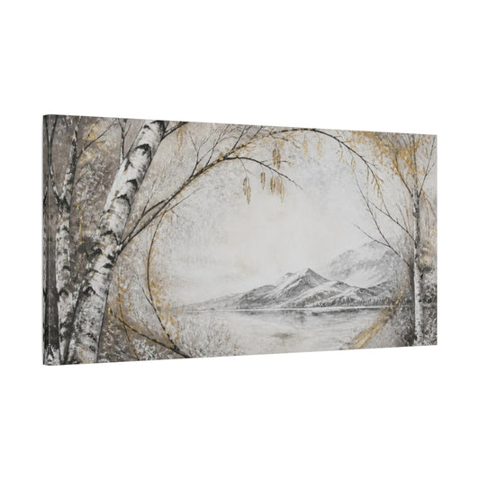 Main Mockup. Nordic Birch Lake shown as canvas print