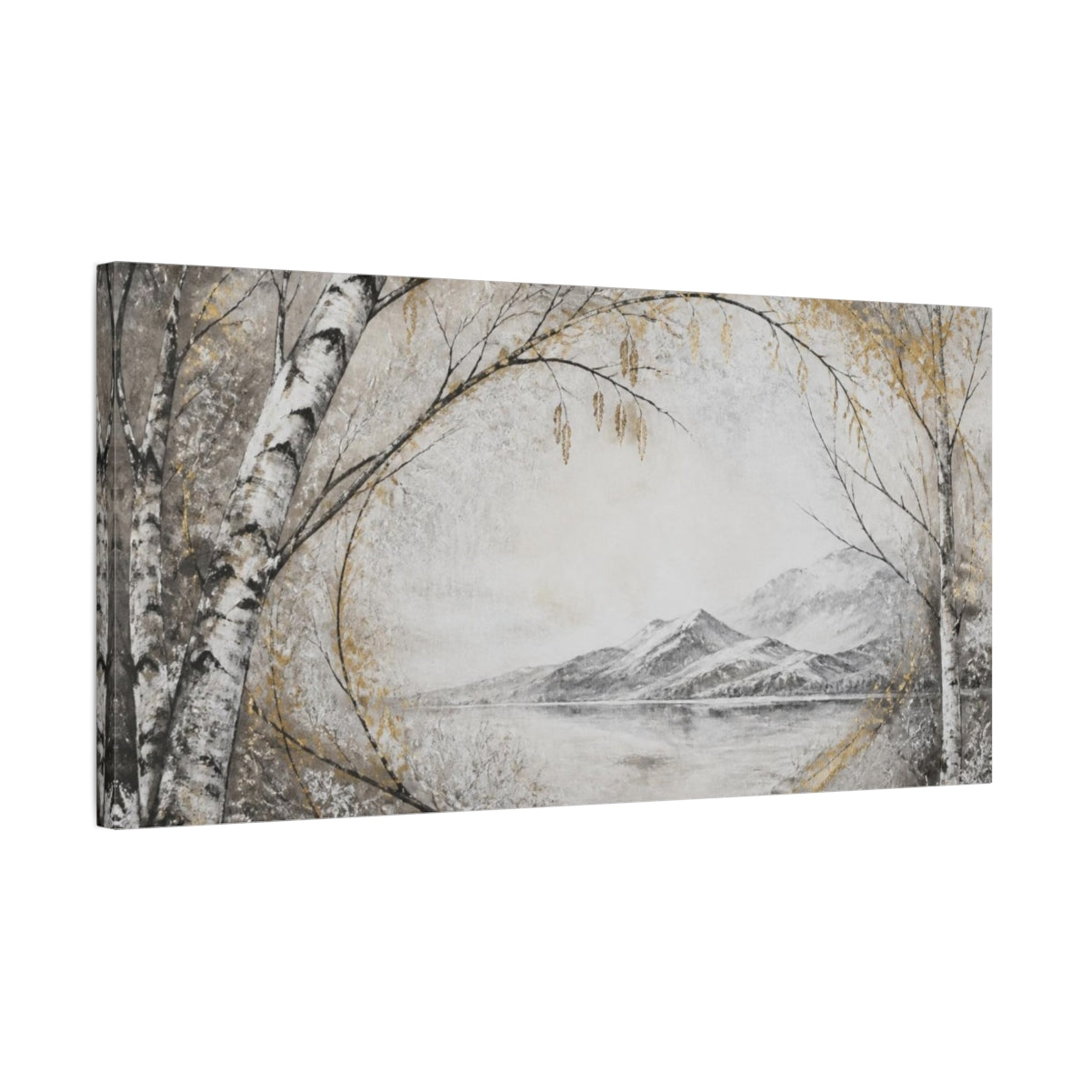 Side Mockup 1. Nordic Birch Lake shown as canvas print