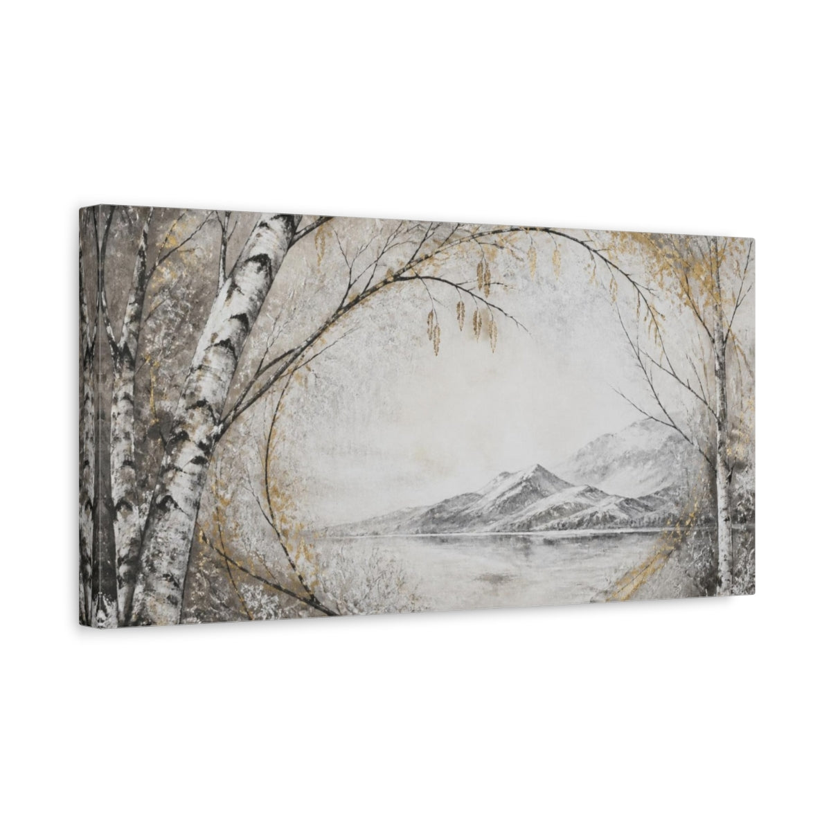 Side Mockup 3. Nordic Birch Lake shown as canvas print