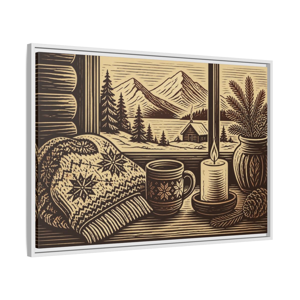Side Mockup 9. Nordic Cabin Window shown as framed canvas print