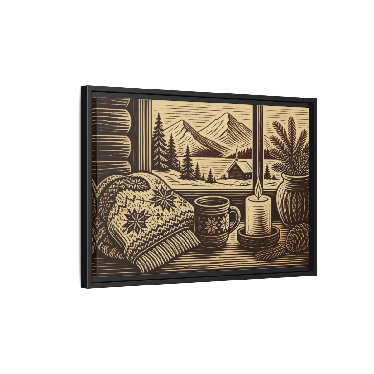 Side Mockup 3. Nordic Cabin Window shown as framed canvas print