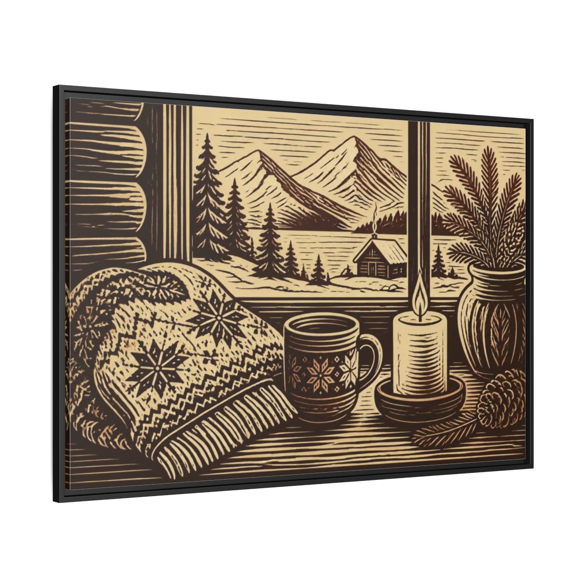 Side Mockup 12. Nordic Cabin Window shown as framed canvas print