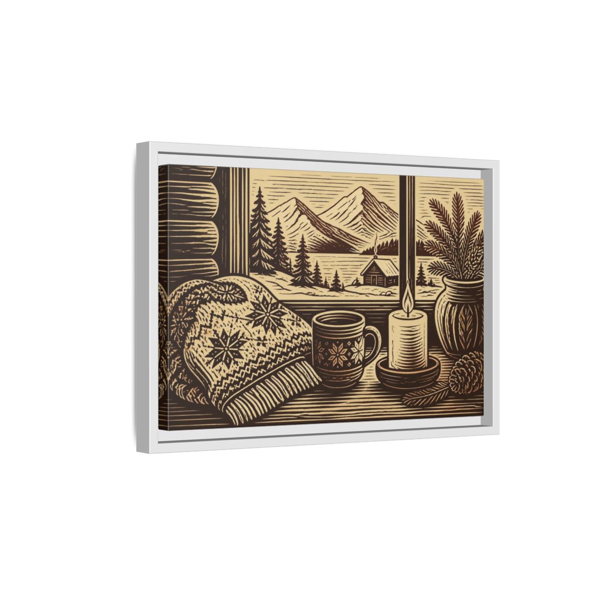 Side Mockup 4. Nordic Cabin Window shown as framed canvas print
