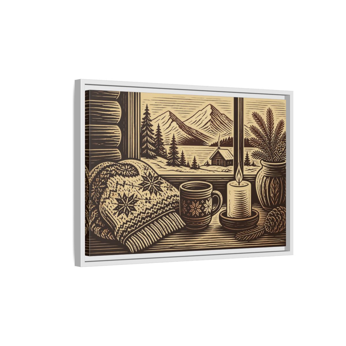 Side Mockup 1. Nordic Cabin Window shown as framed canvas print