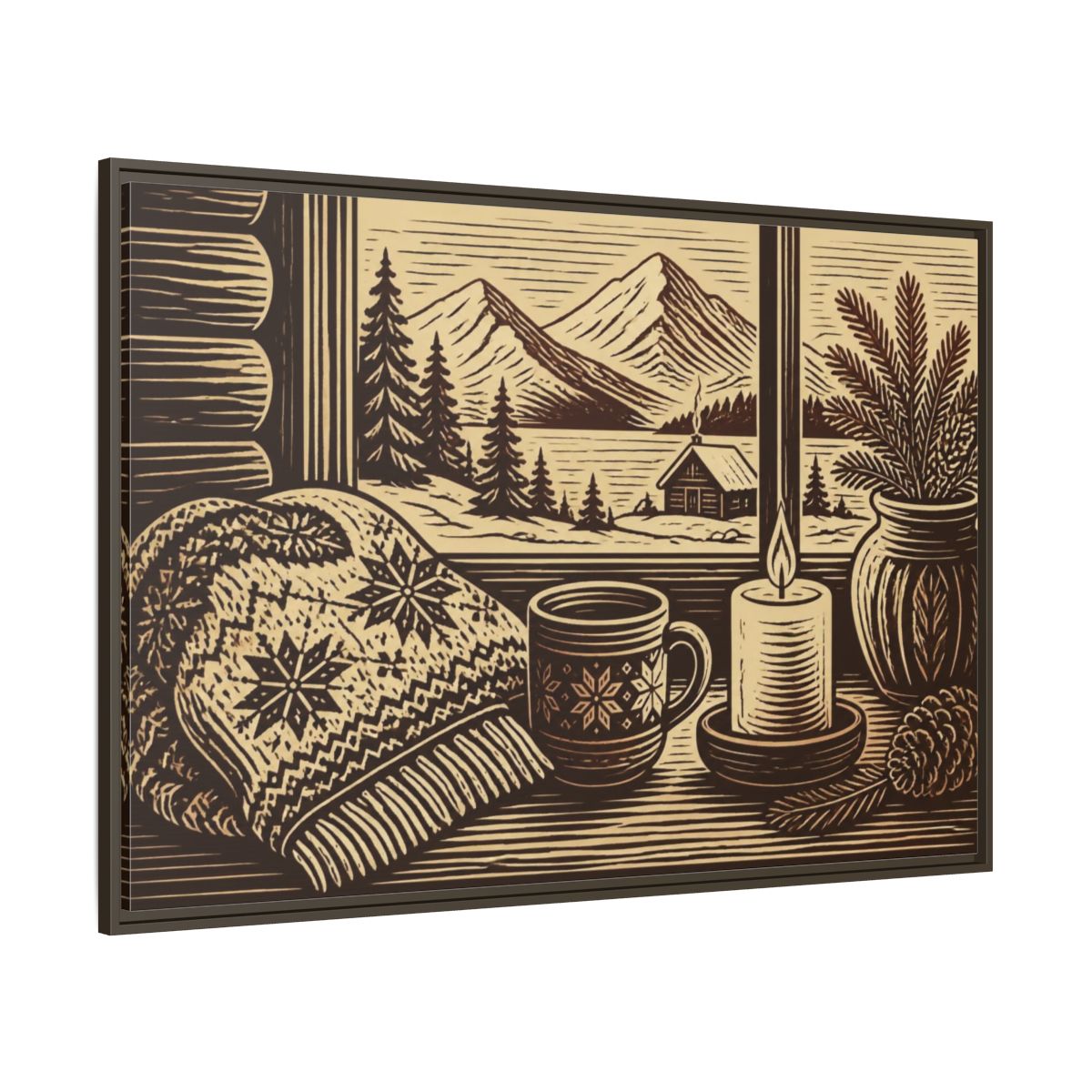 Side Mockup 8. Nordic Cabin Window shown as framed canvas print