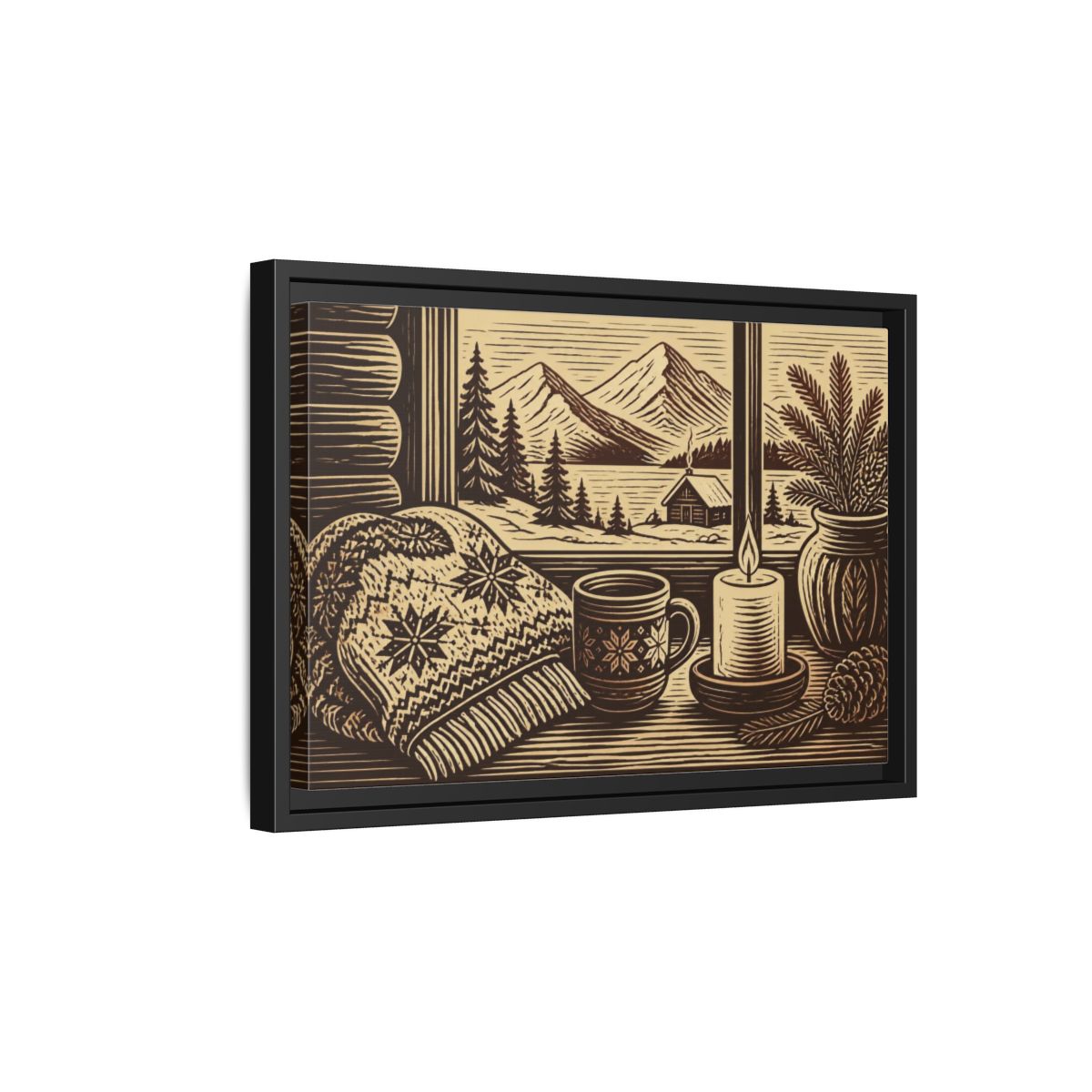 Side Mockup 6. Nordic Cabin Window shown as framed canvas print