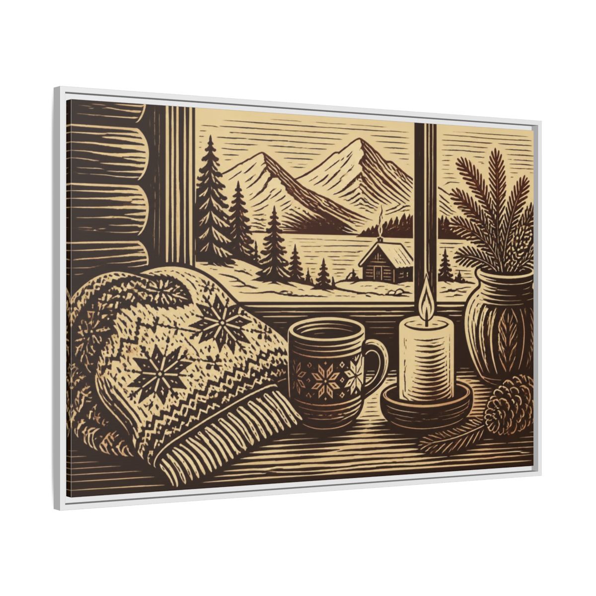 Side Mockup 7. Nordic Cabin Window shown as framed canvas print