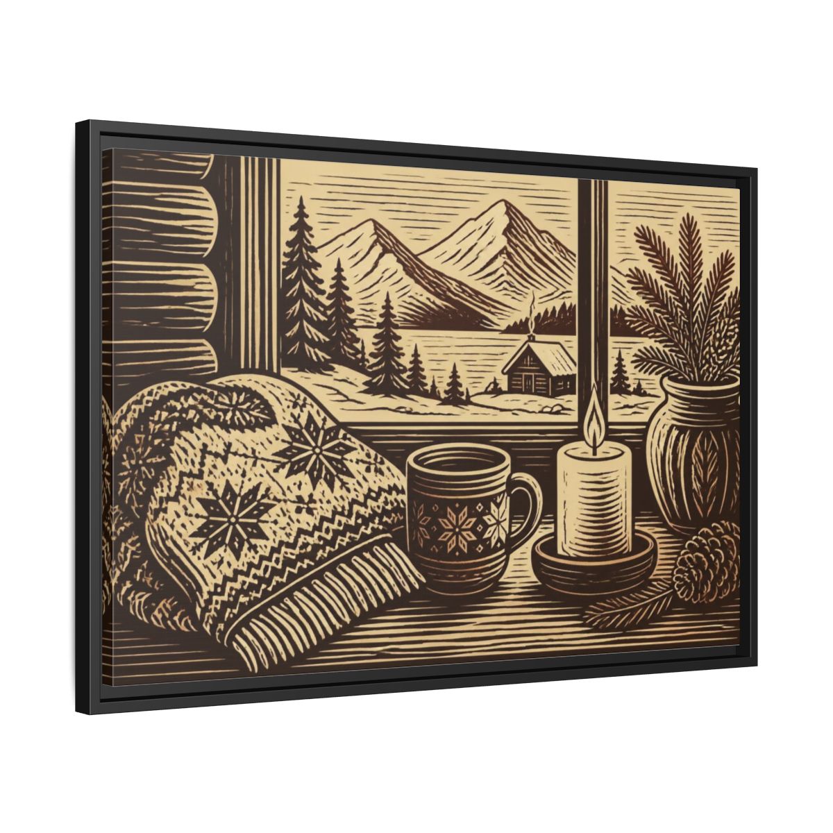 Side Mockup 14. Nordic Cabin Window shown as framed canvas print