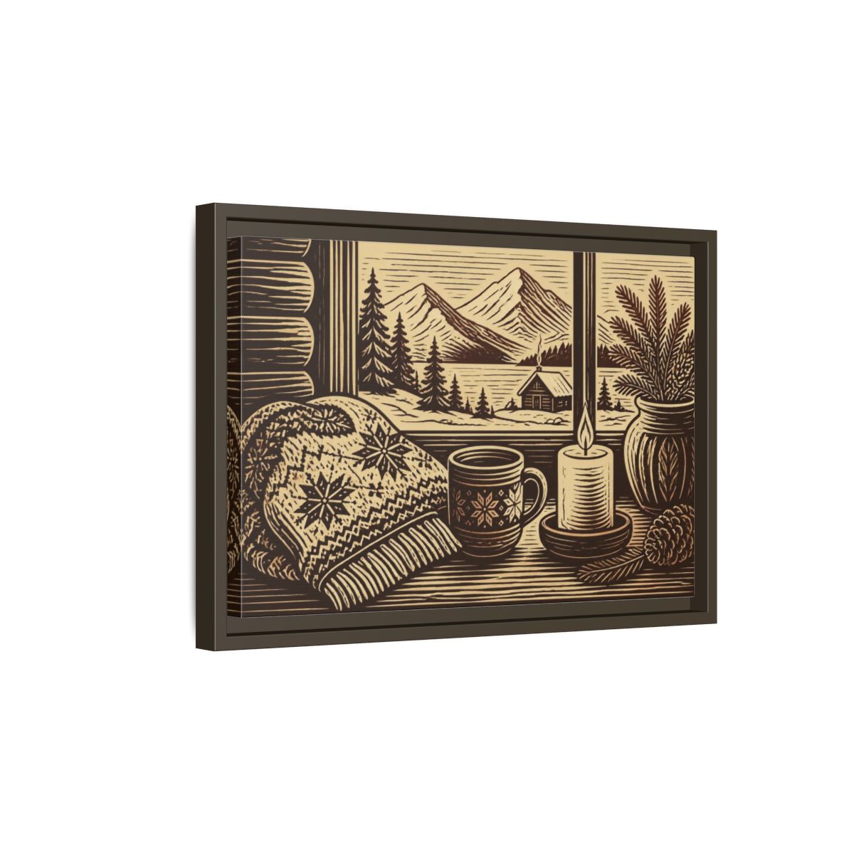 Side Mockup 5. Nordic Cabin Window shown as framed canvas print
