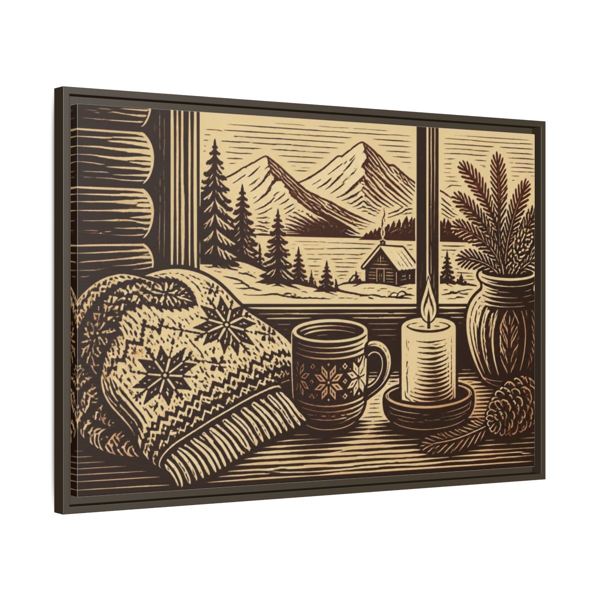 Main Mockup. Nordic Cabin Window shown as framed canvas print