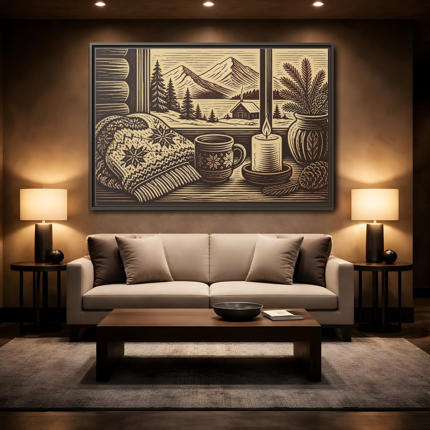 Mockup 2. Nordic Cabin Window shown as framed canvas print