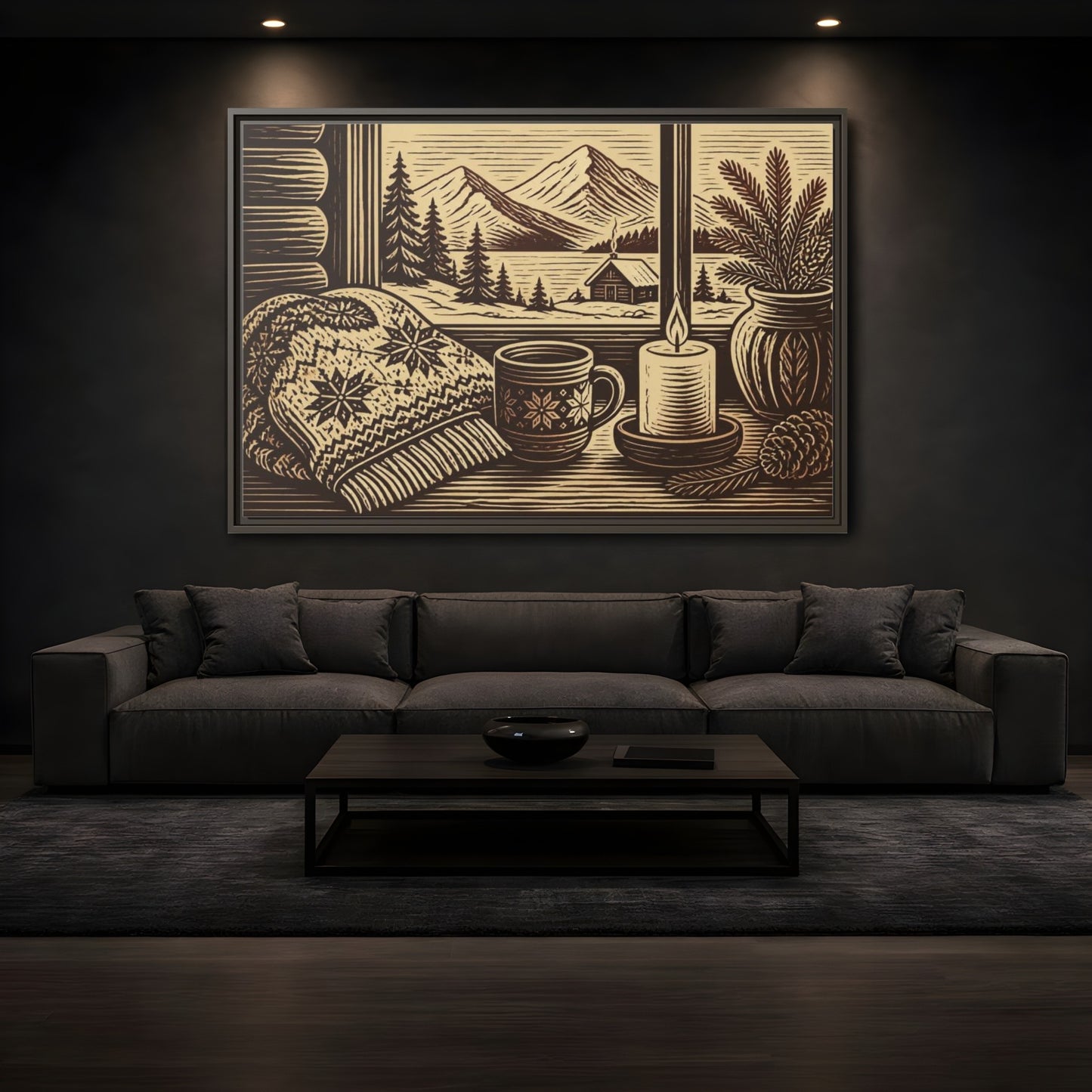 Mockup 3. Nordic Cabin Window shown as framed canvas print