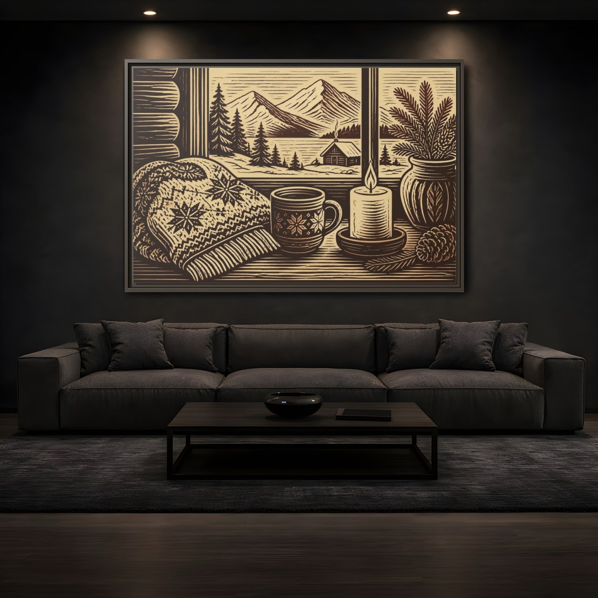 Mockup 3. Nordic Cabin Window shown as framed canvas print