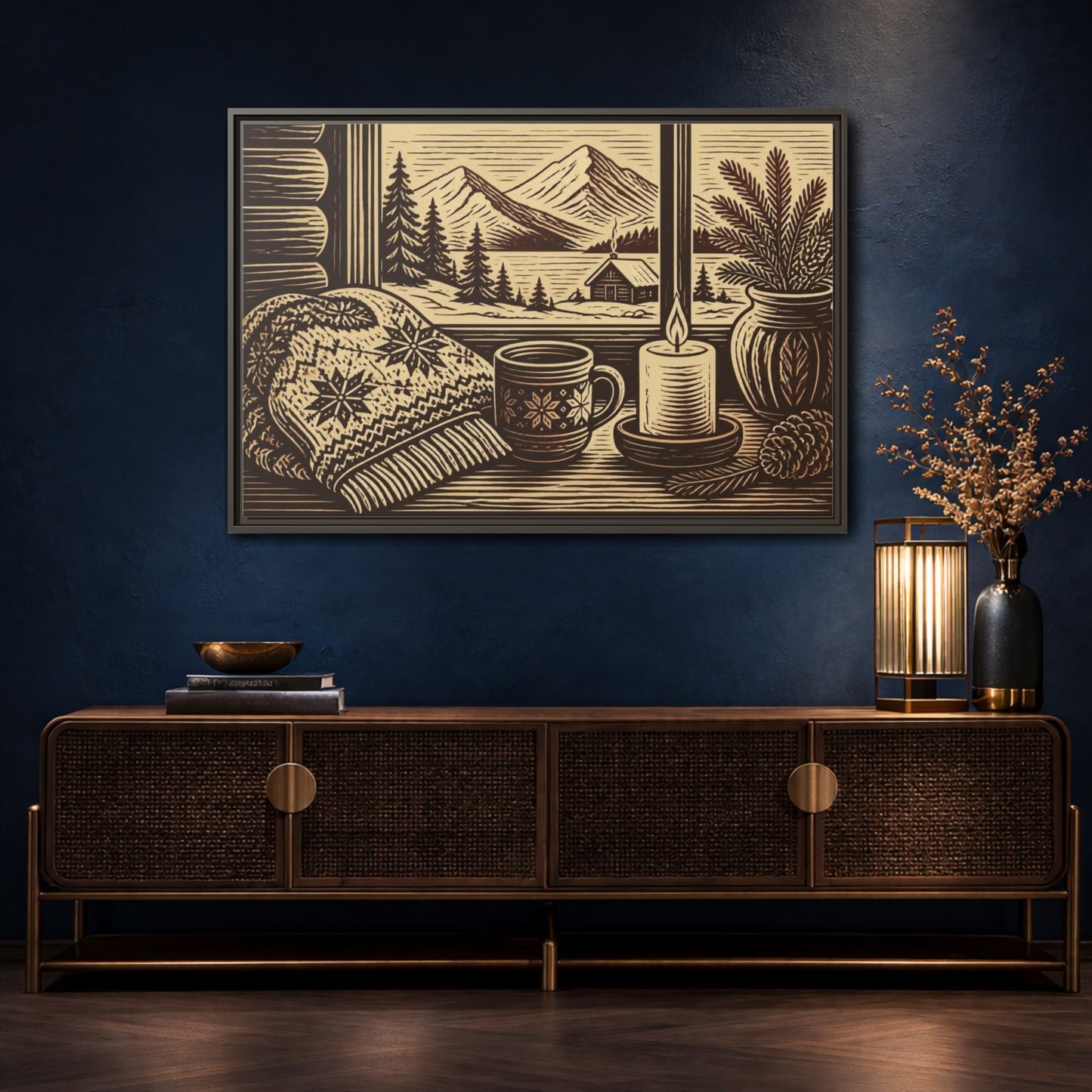 Mockup 4. Nordic Cabin Window shown as framed canvas print
