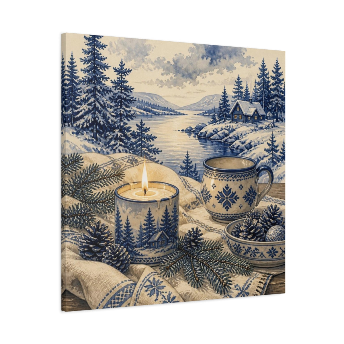 Main Mockup. Nordic Candle & Mug shown as canvas print