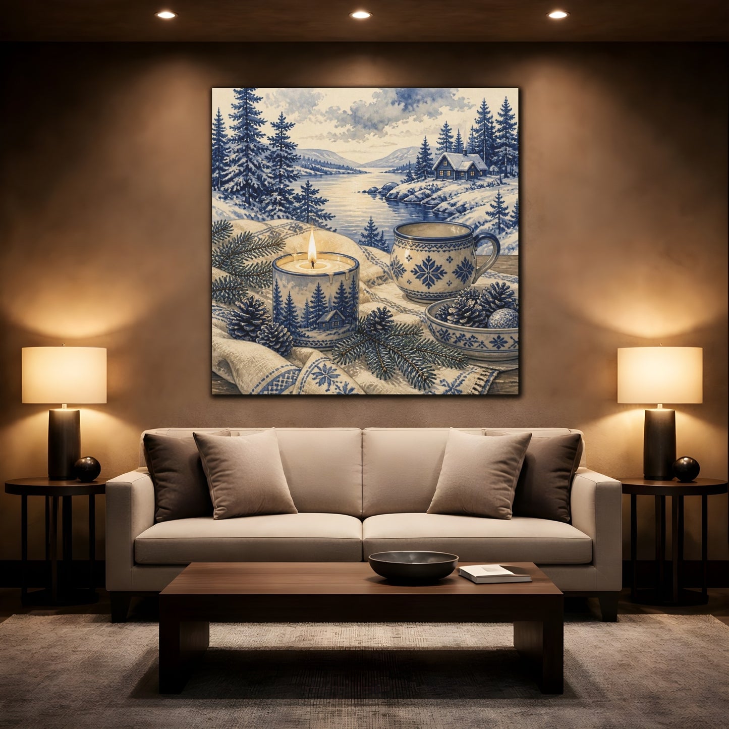Mockup 2. Nordic Candle & Mug shown as canvas print