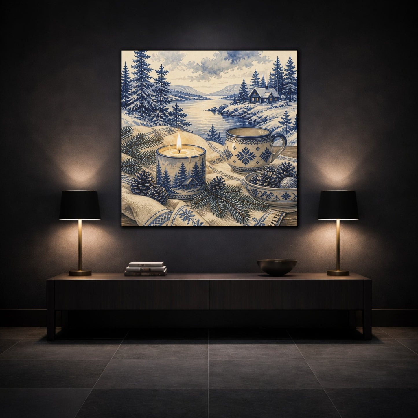 Mockup 3. Nordic Candle & Mug shown as canvas print