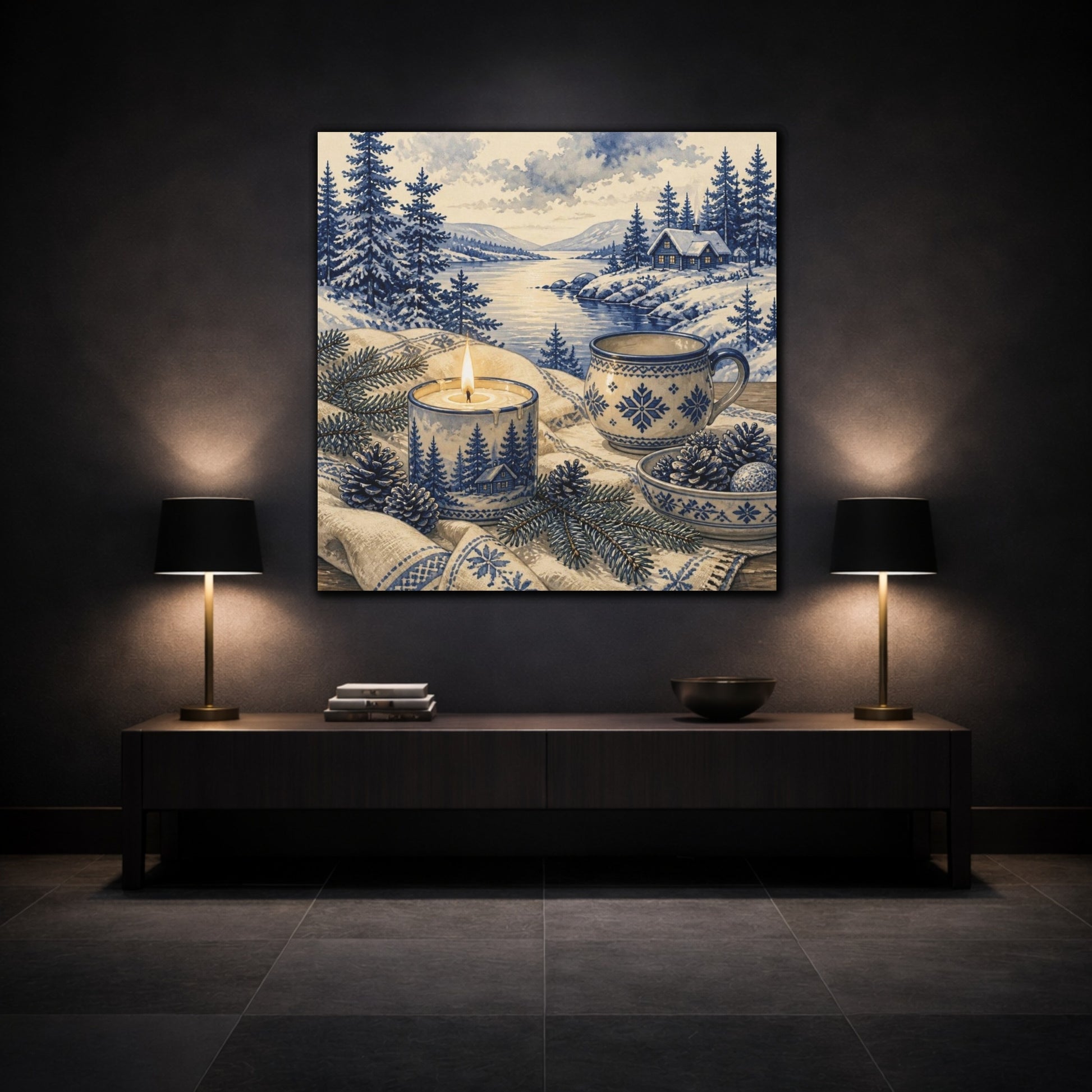 Mockup 3. Nordic Candle & Mug shown as canvas print