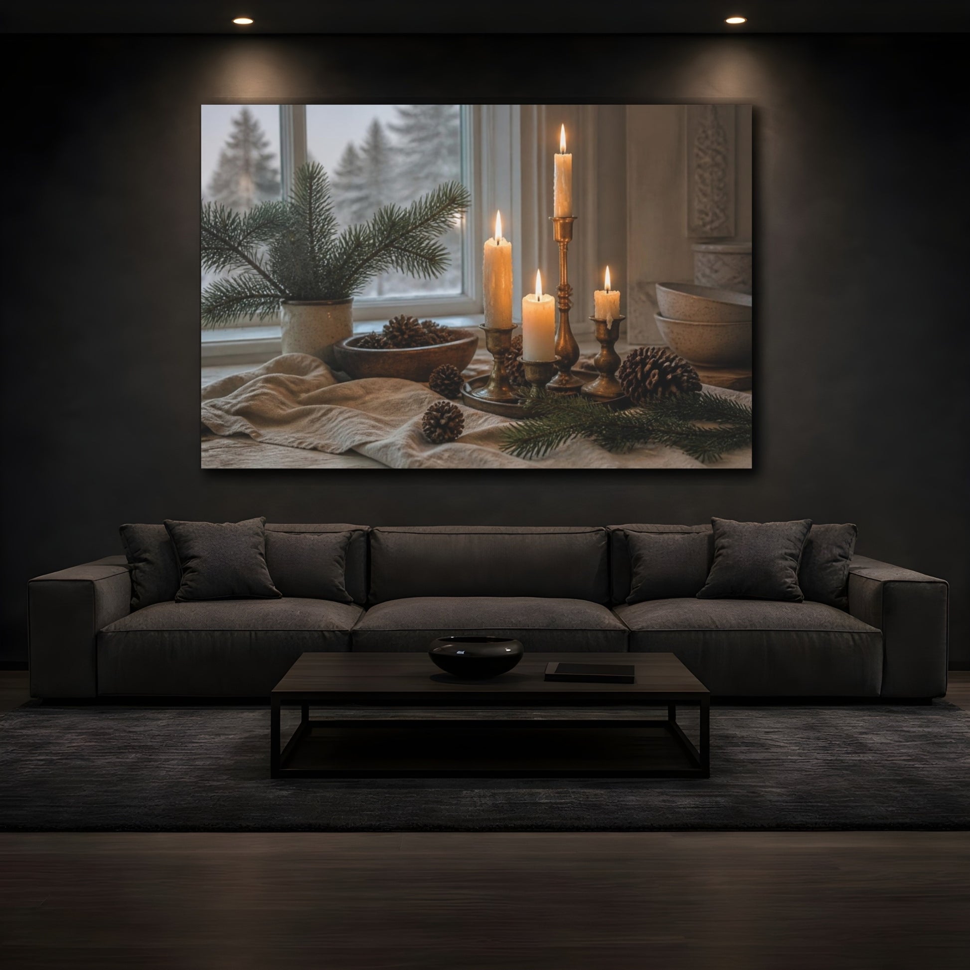 Mockup 3. Nordic Candle & Pinecones shown as canvas print