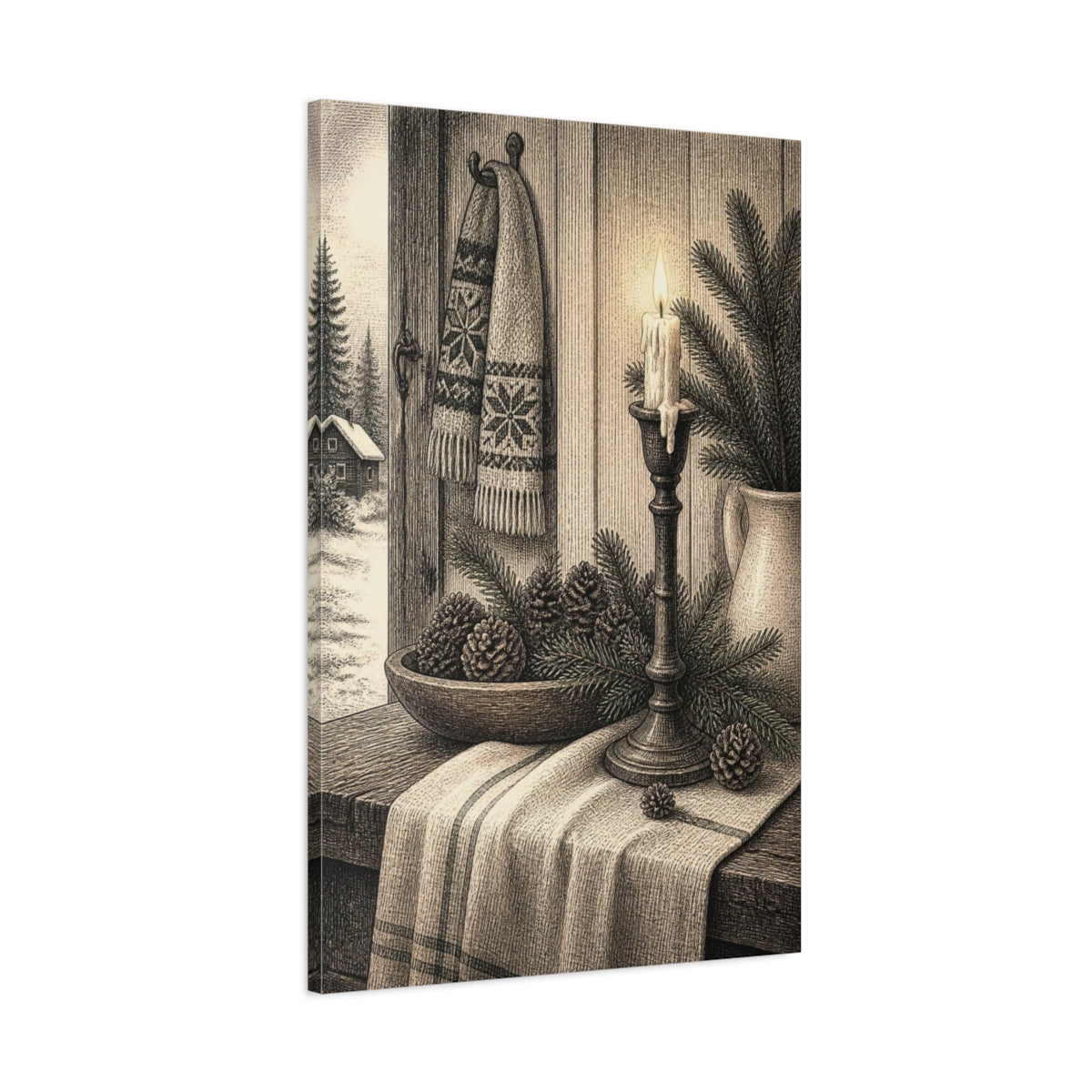 Main Mockup. Nordic Candle And Pinecones shown as canvas print