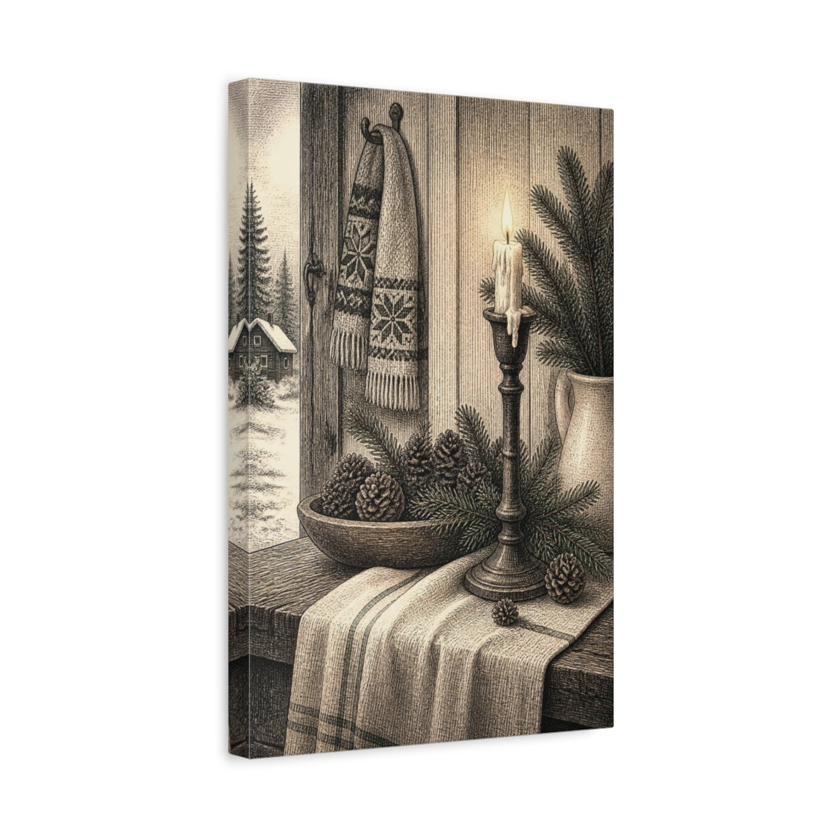 Side Mockup 4. Nordic Candle And Pinecones shown as canvas print