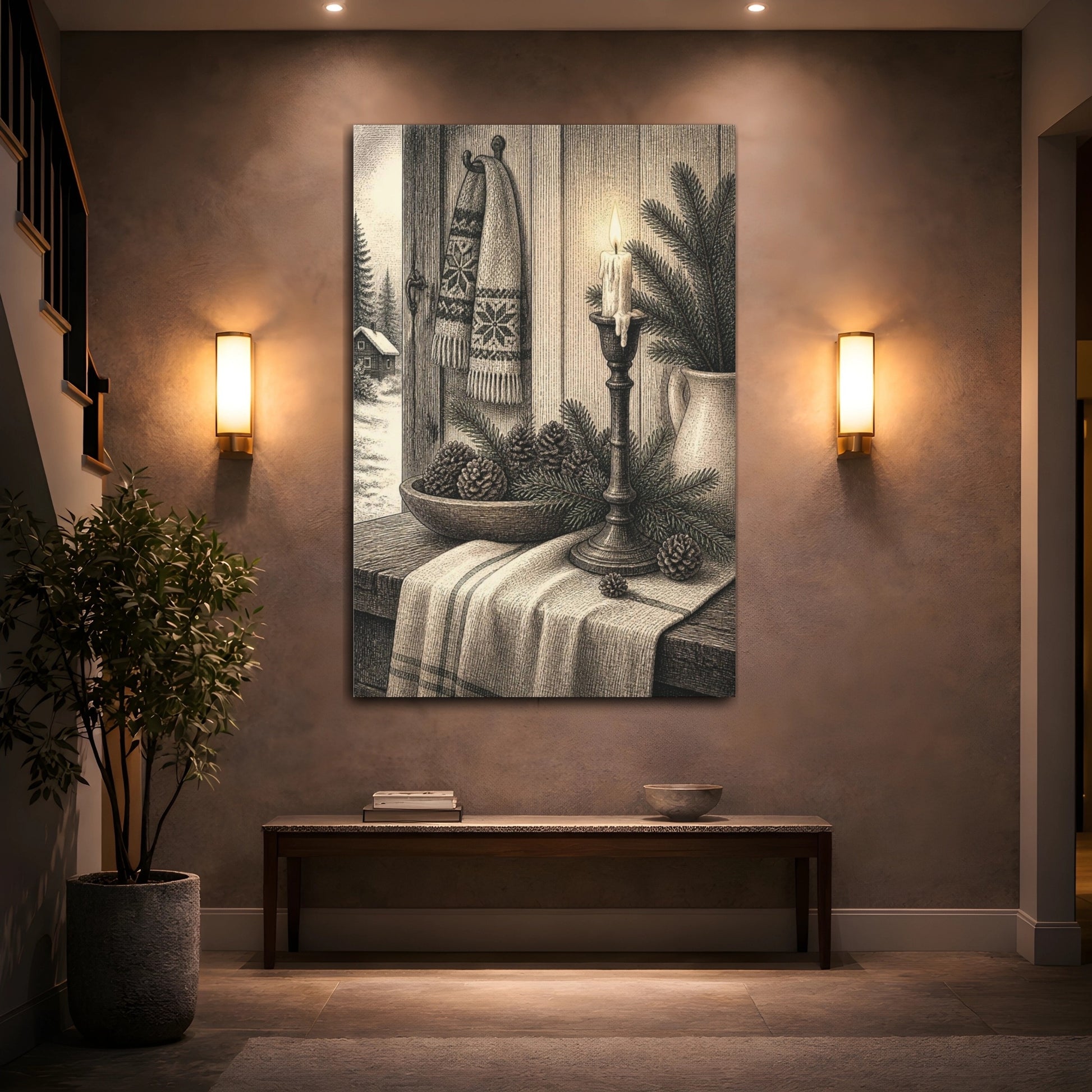Mockup 2. Nordic Candle And Pinecones shown as canvas print