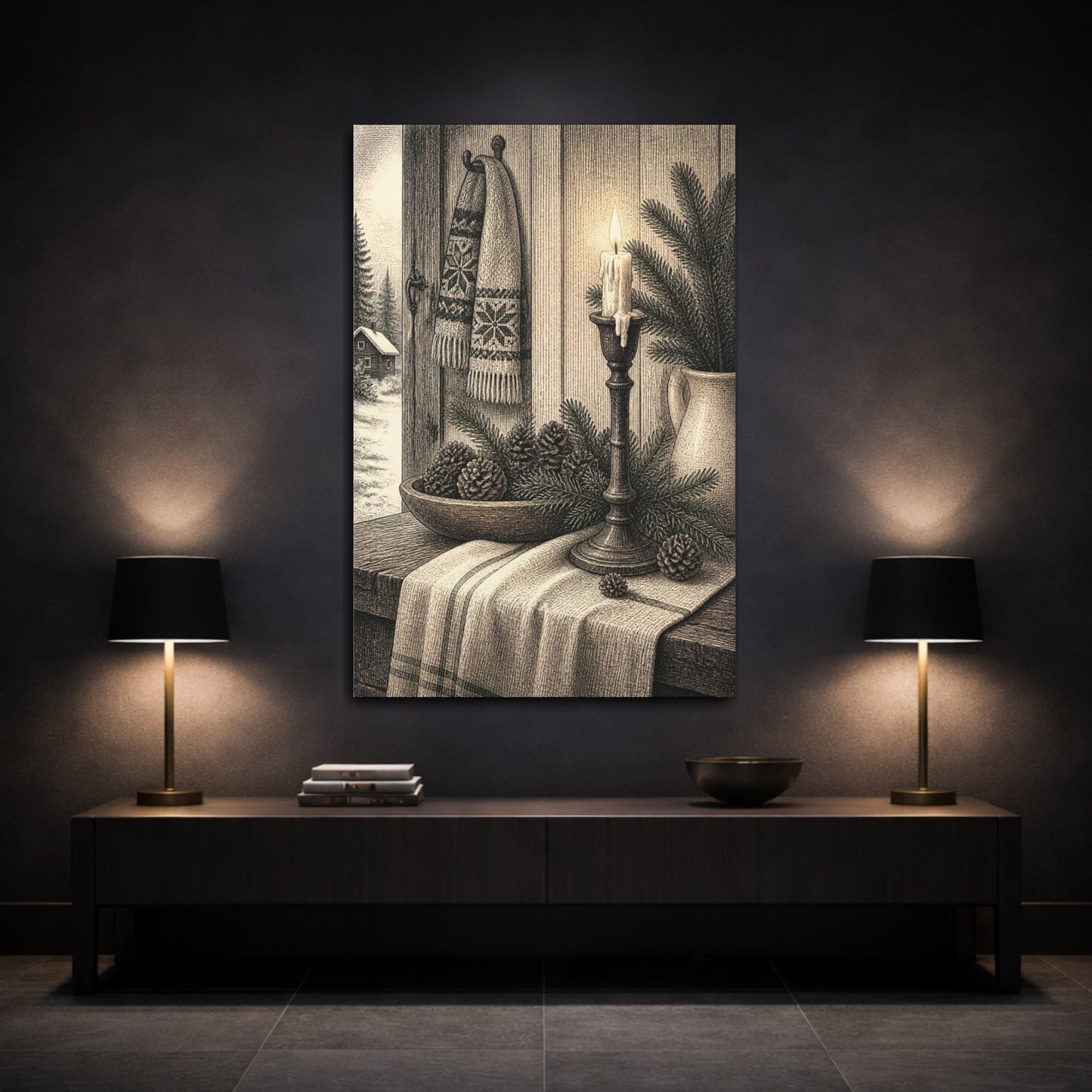 Mockup 3. Nordic Candle And Pinecones shown as canvas print