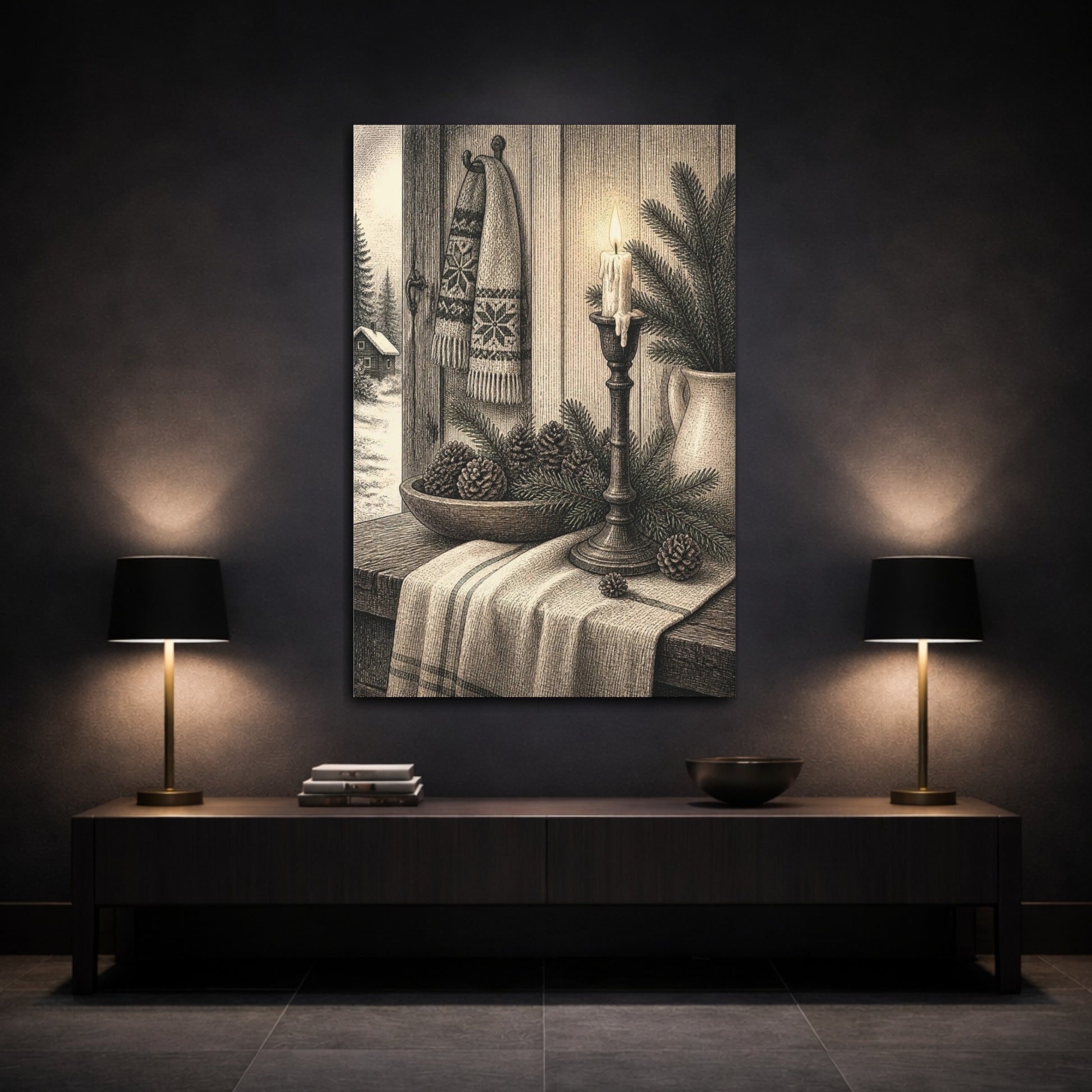 Mockup 3. Nordic Candle And Pinecones shown as canvas print