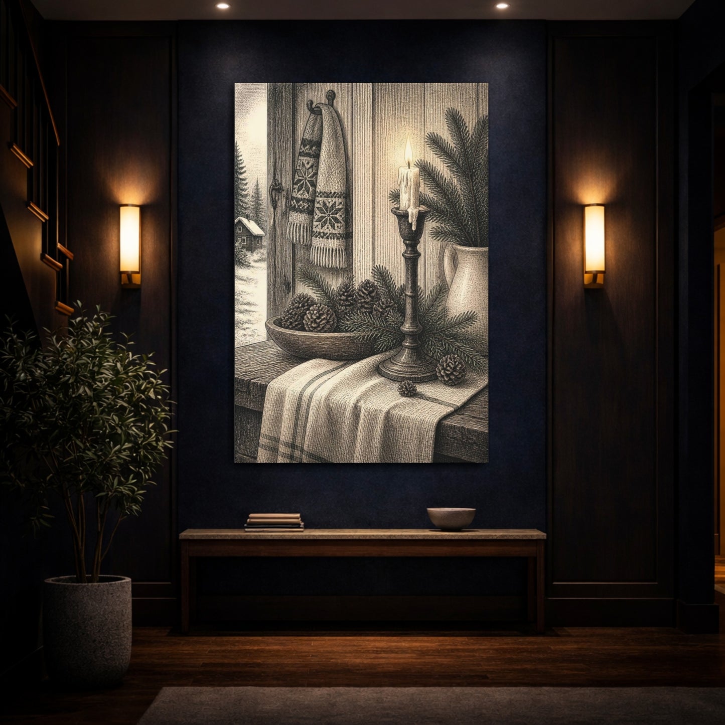 Mockup 4. Nordic Candle And Pinecones shown as canvas print