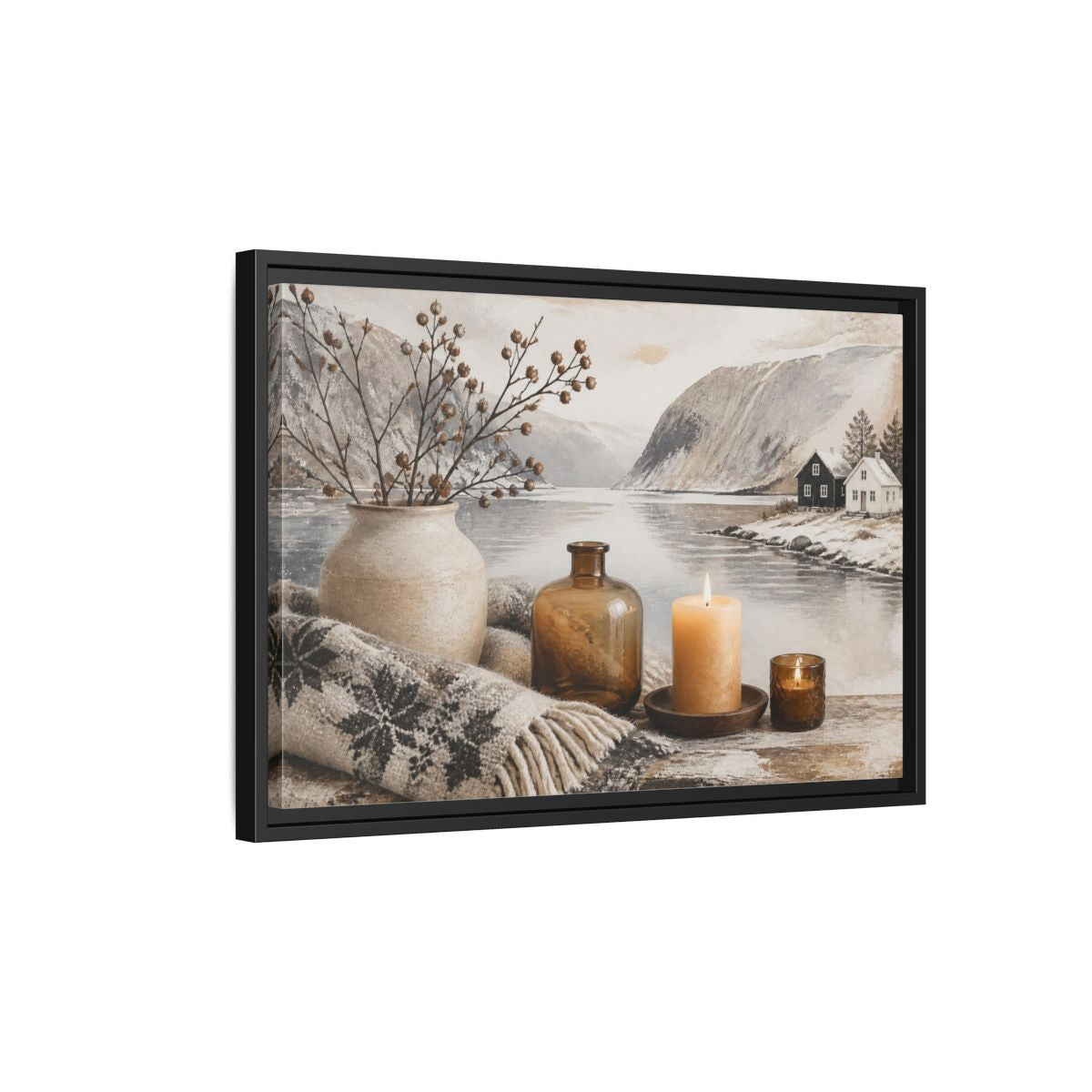 Side Mockup 3. Nordic Candle Arrangement shown as framed canvas print