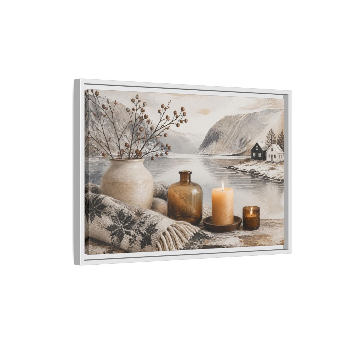 Side Mockup 1. Nordic Candle Arrangement shown as framed canvas print
