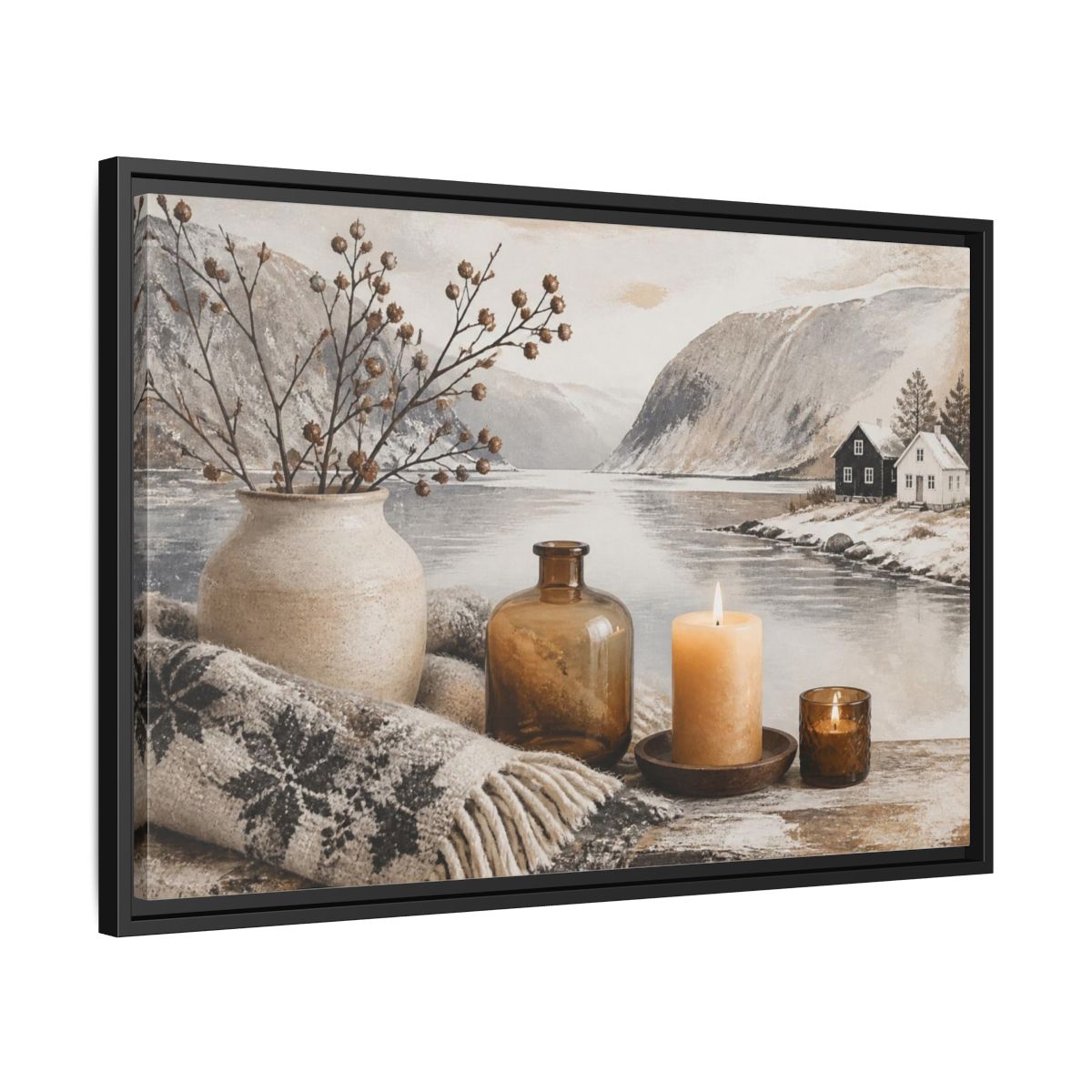 Side Mockup 14. Nordic Candle Arrangement shown as framed canvas print