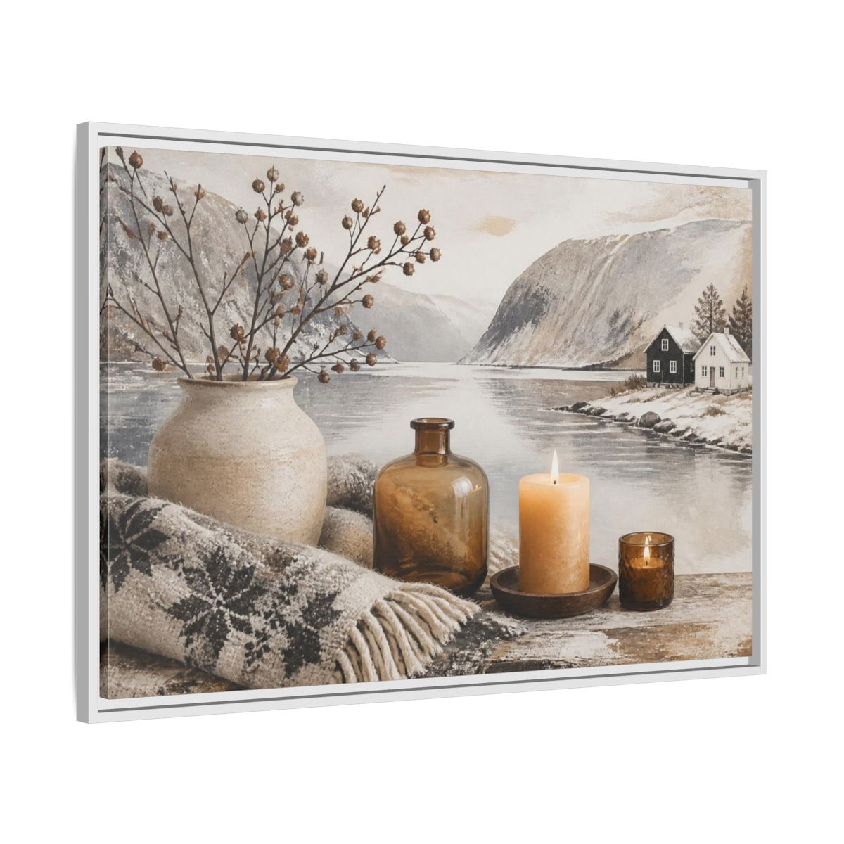 Side Mockup 9. Nordic Candle Arrangement shown as framed canvas print