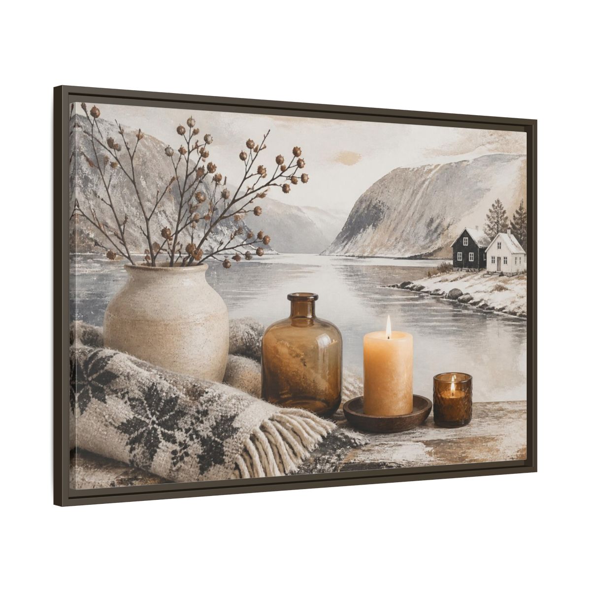 Main Mockup. Nordic Candle Arrangement shown as framed canvas print