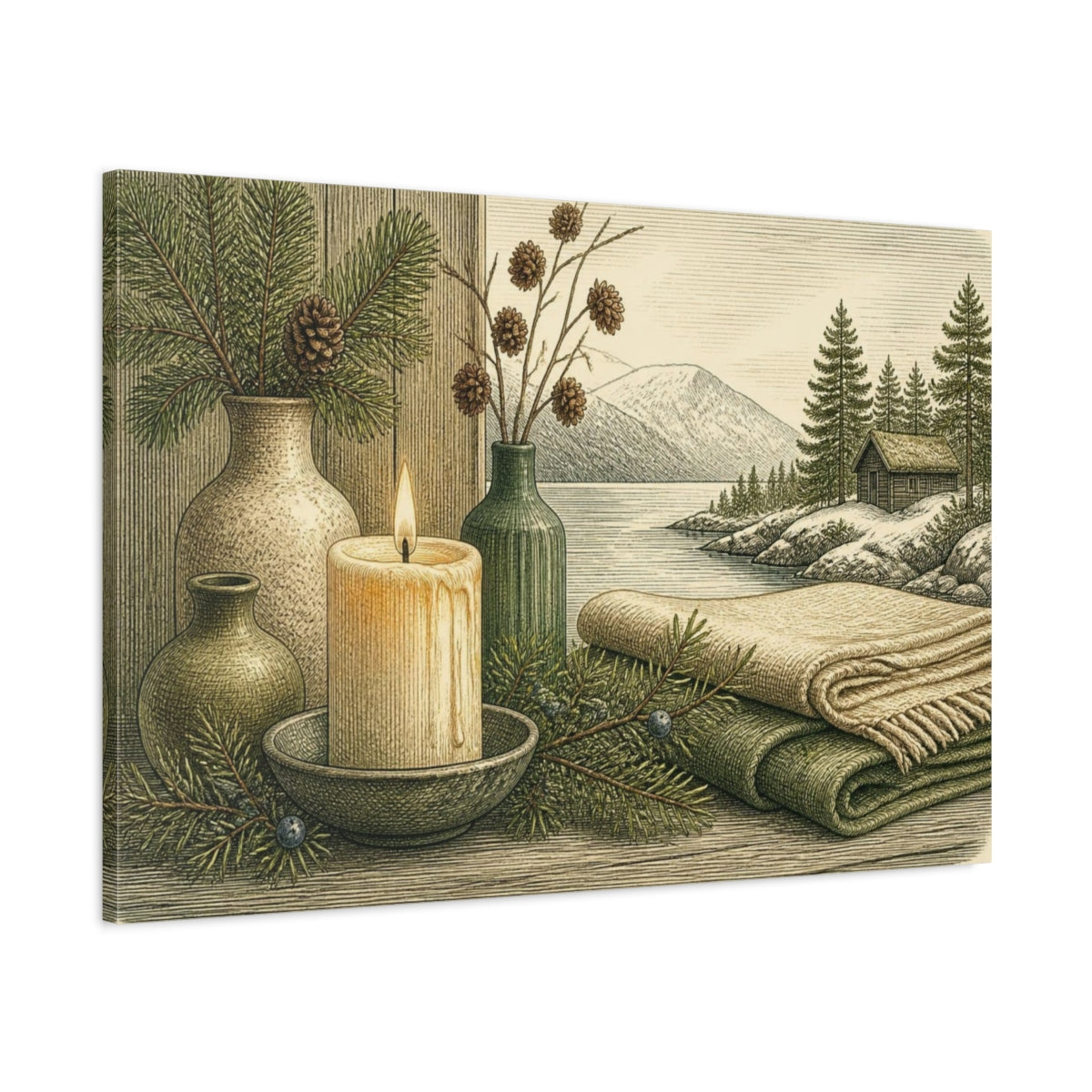 Main Mockup. Nordic Candle Cabin Scene shown as canvas print