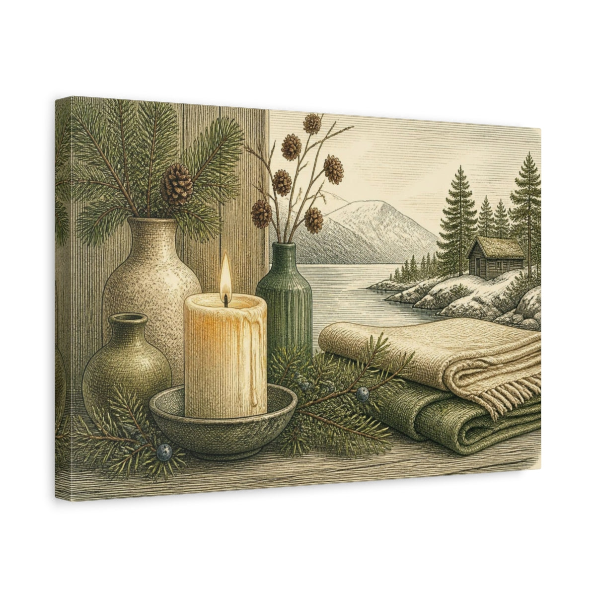 Side Mockup 4. Nordic Candle Cabin Scene shown as canvas print