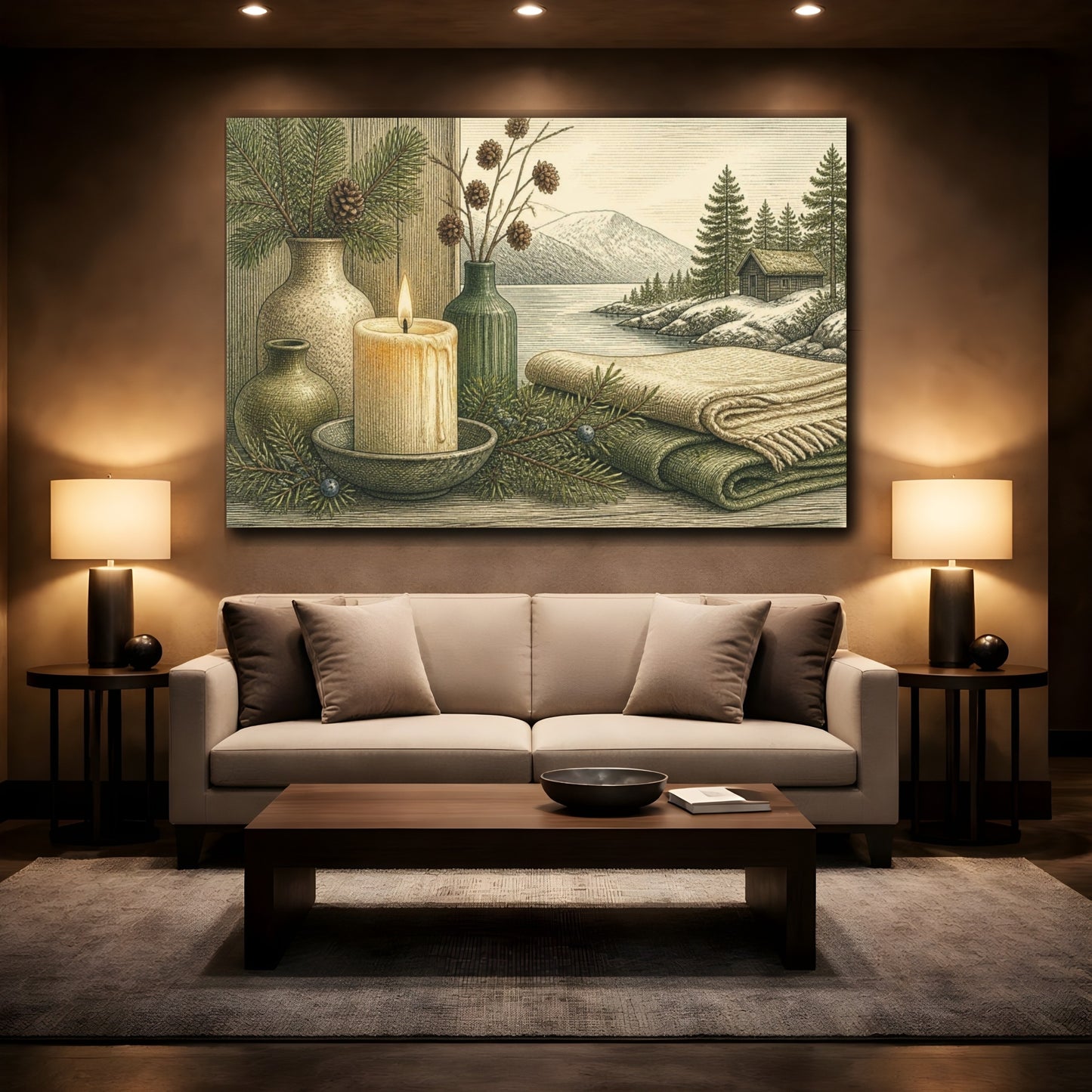 Mockup 2. Nordic Candle Cabin Scene shown as canvas print