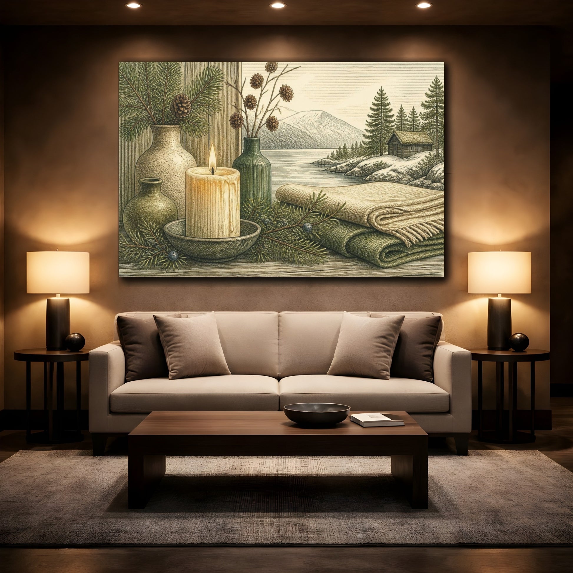Mockup 2. Nordic Candle Cabin Scene shown as canvas print