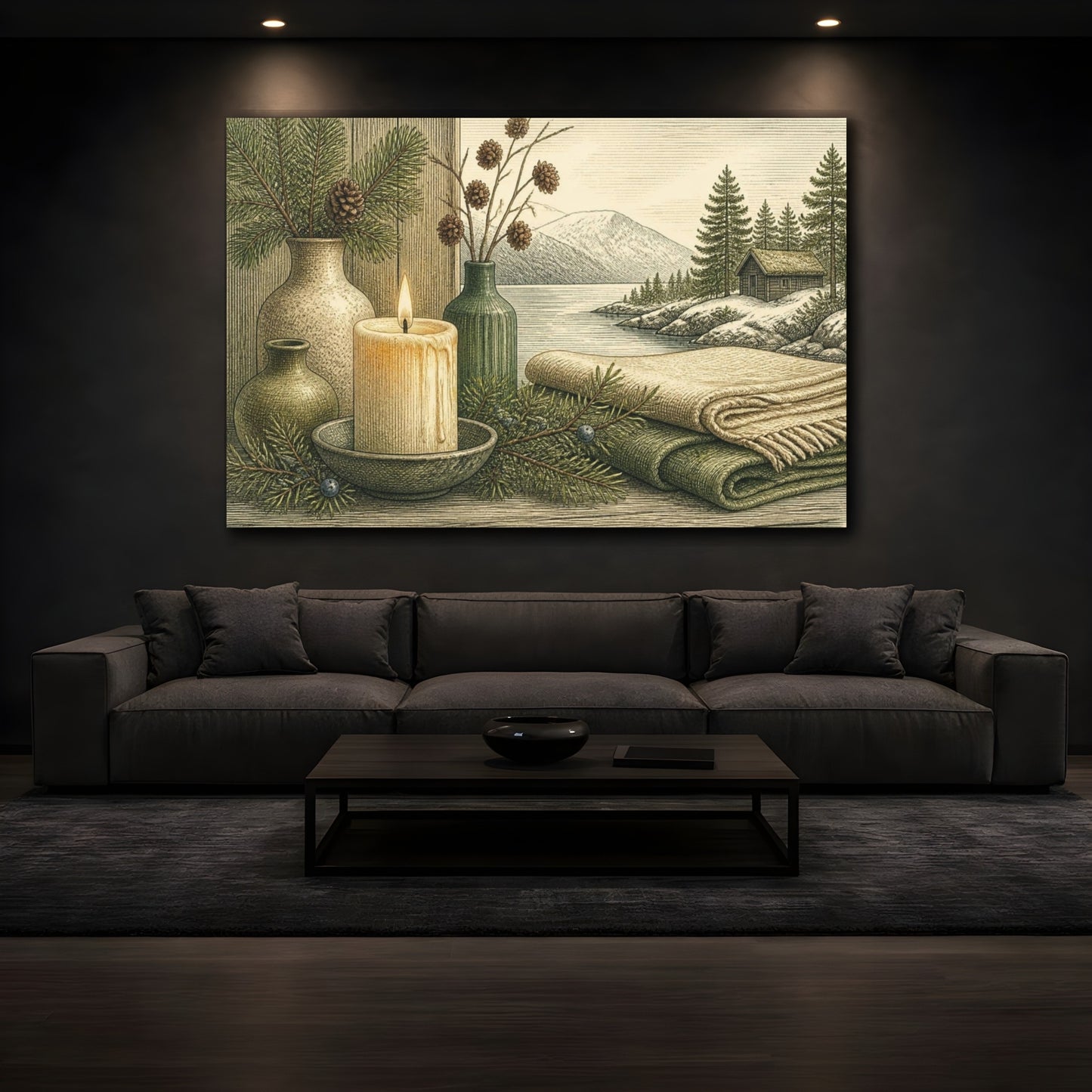 Mockup 3. Nordic Candle Cabin Scene shown as canvas print