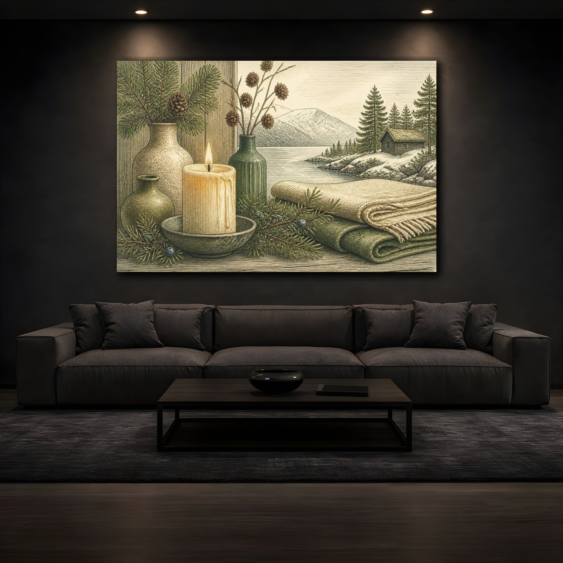 Mockup 3. Nordic Candle Cabin Scene shown as canvas print